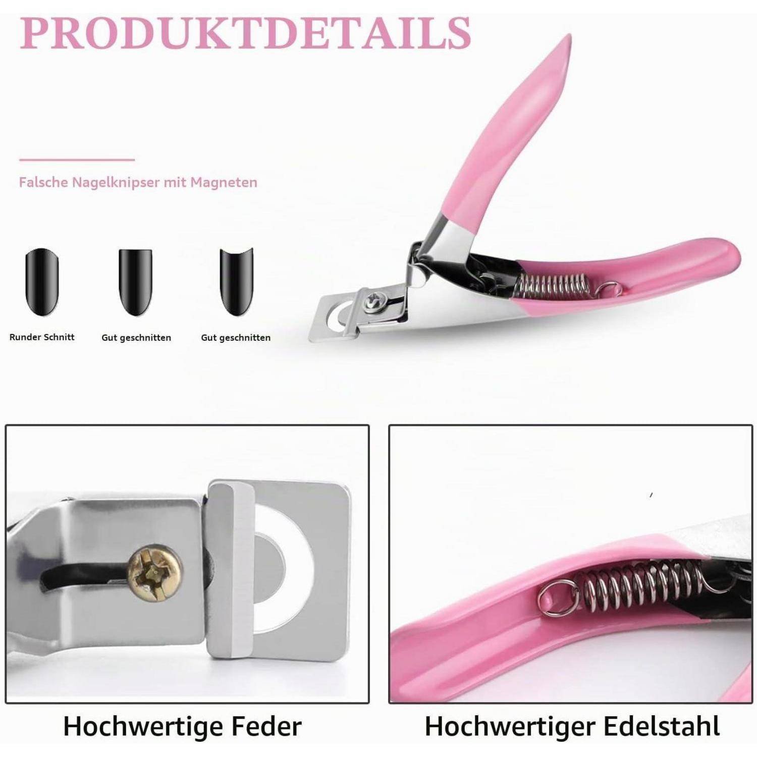 Produktdetails für künstliche Nagelknipser mit Magneten, mit rosa Knipser, saubere Schnittbeispiele und Nahaufnahmen der Feder- und Edelstahlkonstruktion.
