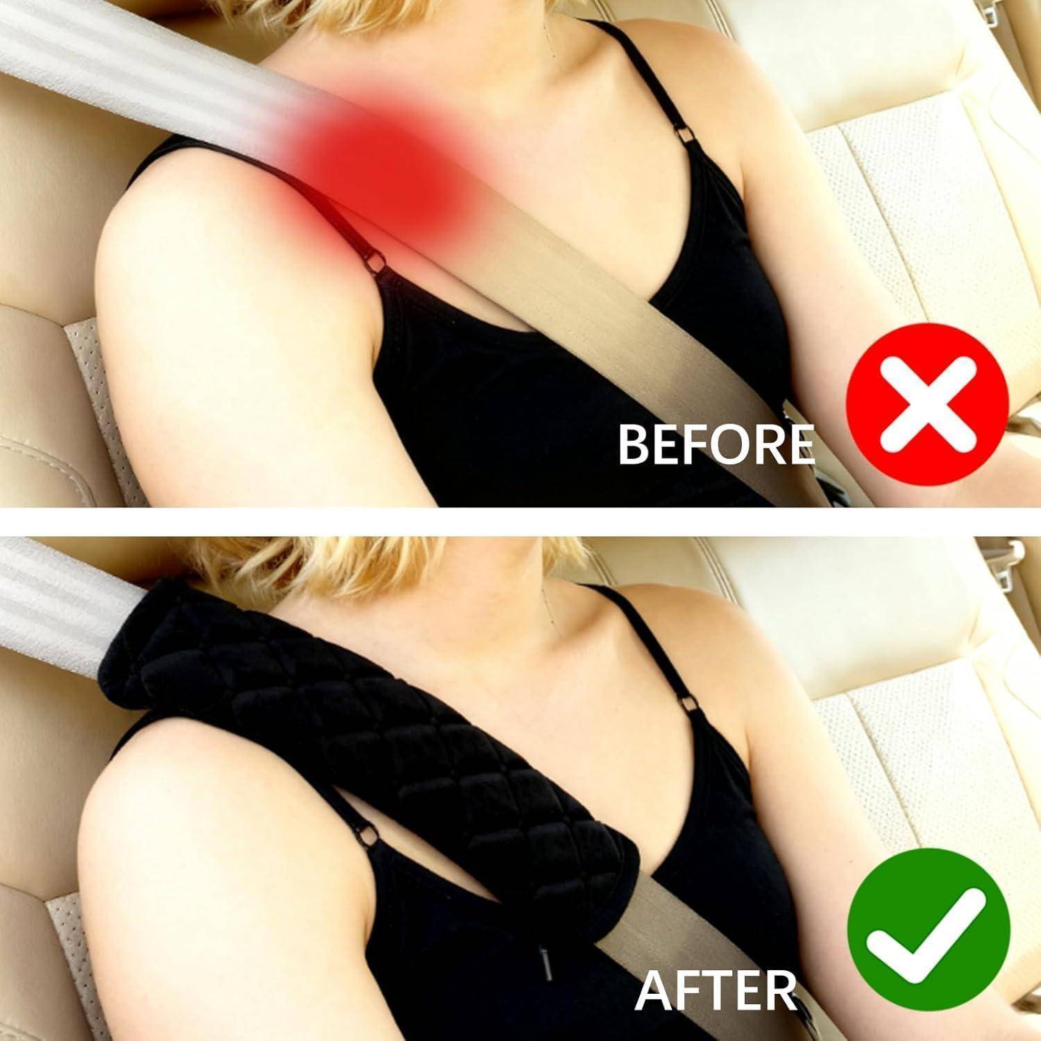 Nebeneinander angeordnetes Vorher- und Nachher-Bild einer Frau mit Sicherheitsgurt: oben zeigt der Schultergurt, der am Nacken reibt, mit einer roten Warnmarkierung und einem X, unten zeigt ein Sicherheitsgurt-Komfortkissen und ein grünes Häkchen.