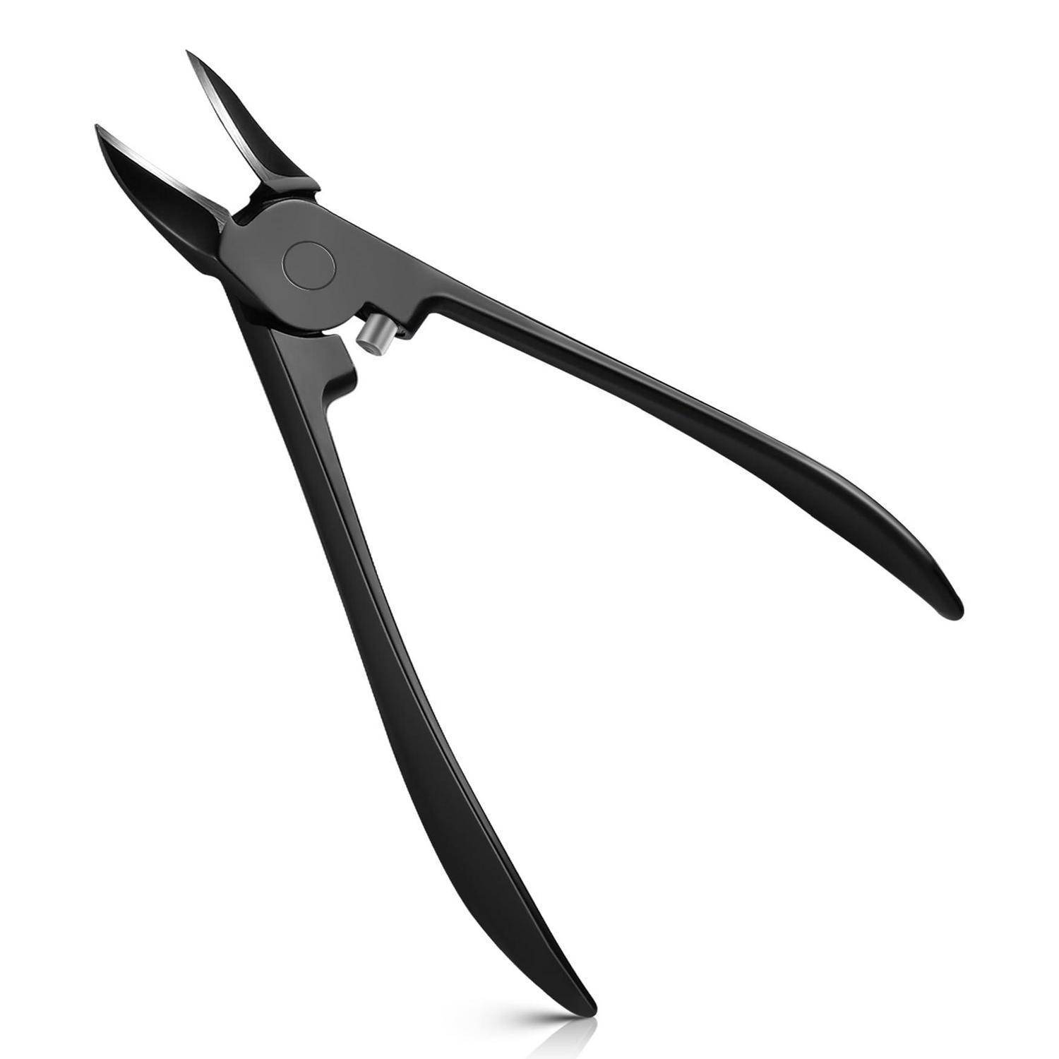 Schwarze Metall-Diagonalzange mit langen gebogenen Griffen, isoliert auf weißem Hintergrund dargestellt.