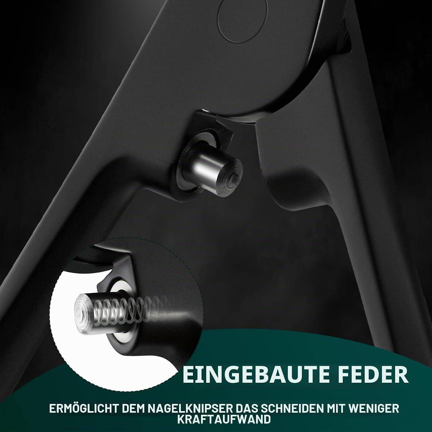 Nahaufnahme eines Nagelschneidermechanismus mit eingebauter Feder; Deutscher Text sagt „Eingebaute Feder