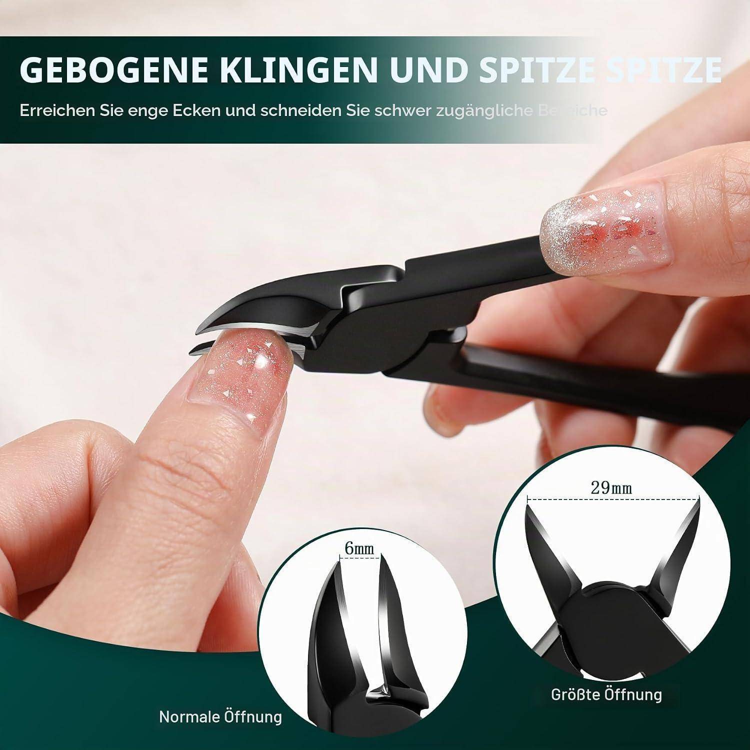Hände, die gebogene Nagelknipser auf einem Fingernagel verwenden; Einschubdiagramme zeigen die normale 6-mm-Öffnung und die maximale 29-mm-Öffnung für schwer erreichbare Ecken.