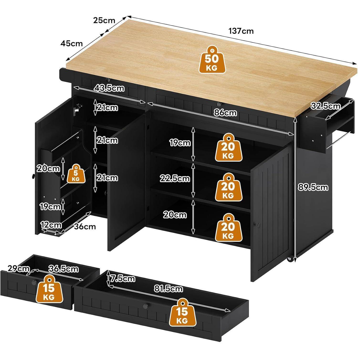 Annotierte Abmessungen eines schwarzen Lagerschranks mit Holzplatte, zeigt Regale, Schrankraum, Schublade und Gewichtsgrenzen; enthält eine separate Schubladenkomponente darunter.
