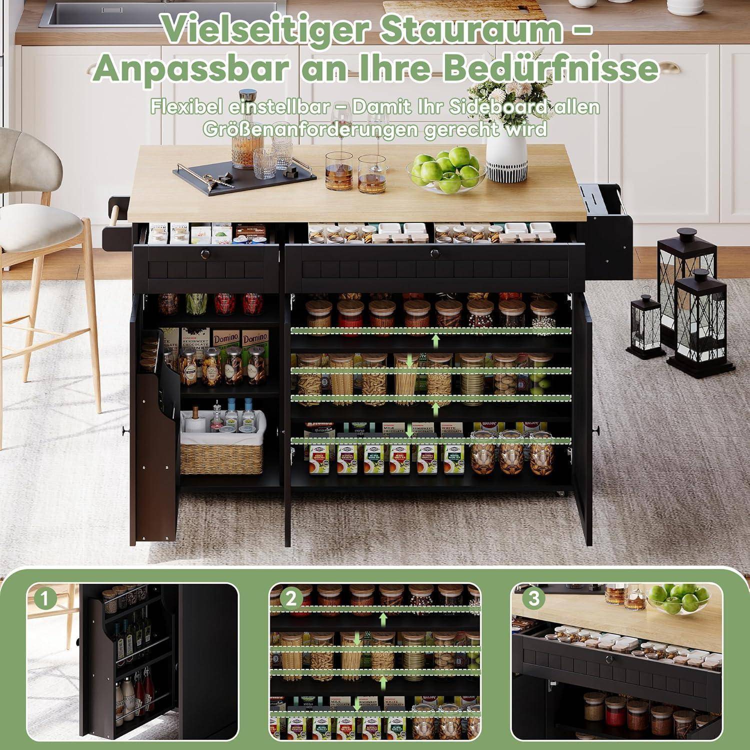 Anzeige für ein modulares Sideboard mit flexiblem Stauraum; offene Schubladen und Regale präsentieren Gläser, Flaschen und Speisekammerartikel unter einer Holzarbeitsplatte.