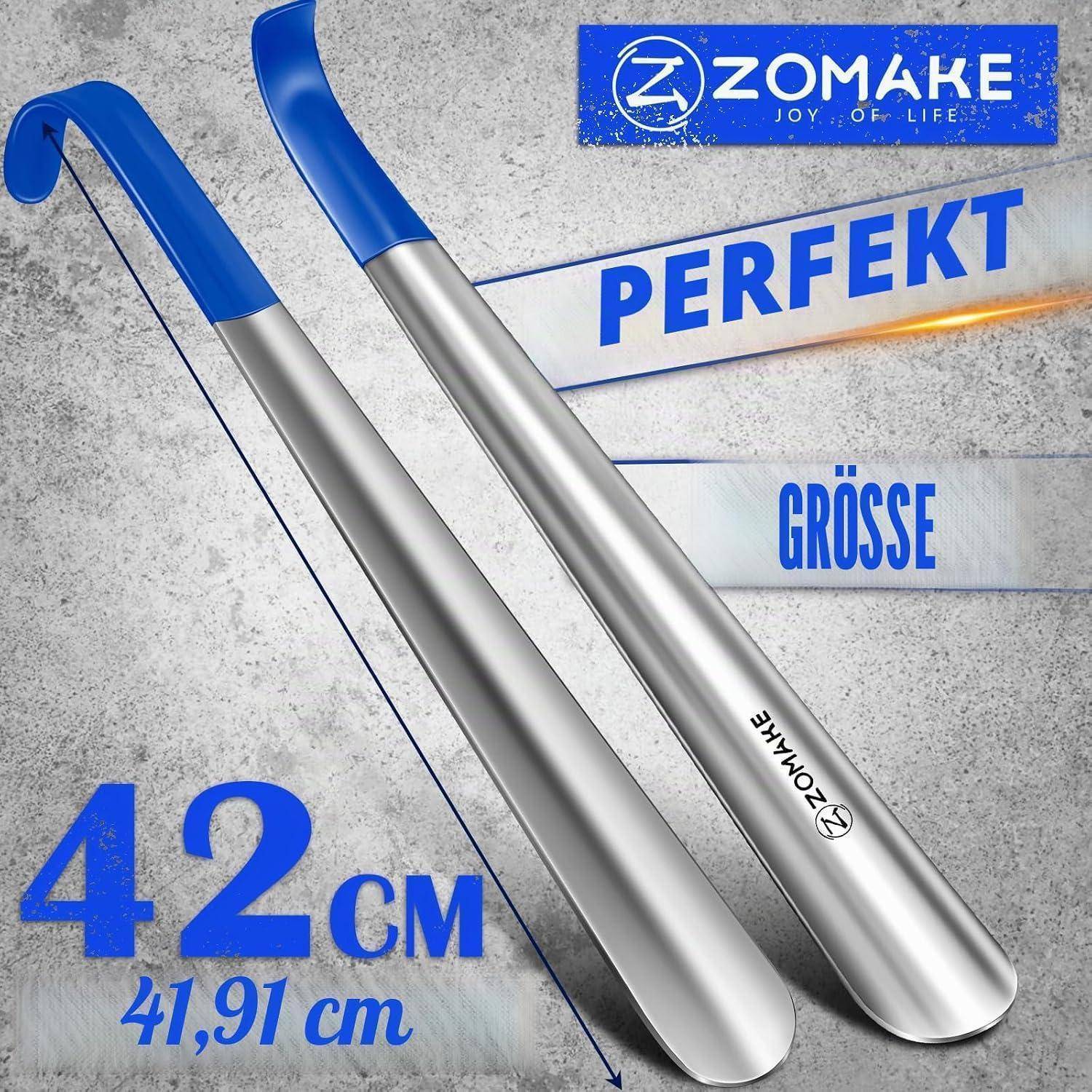 Produktbild von zwei silbernen ZOMAKE-Trekkingstöcken mit blauen Griffen, beschriftet mit „PERFEKT GRÖSSE