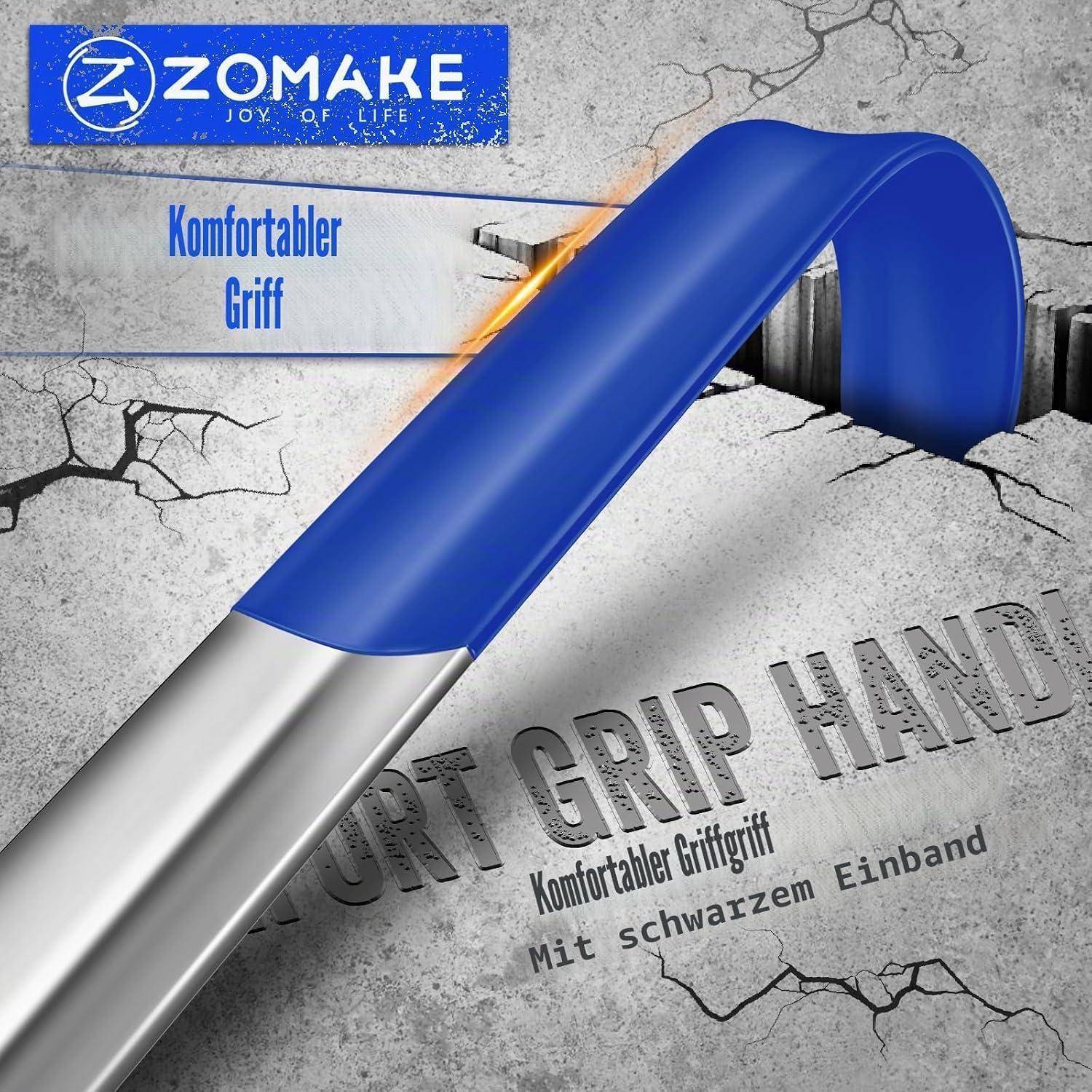 Werbebild eines blauen und silbernen Griffgriffs mit dem ZOMAKE-Logo; deutscher Text lautet „Komfortabler Griff