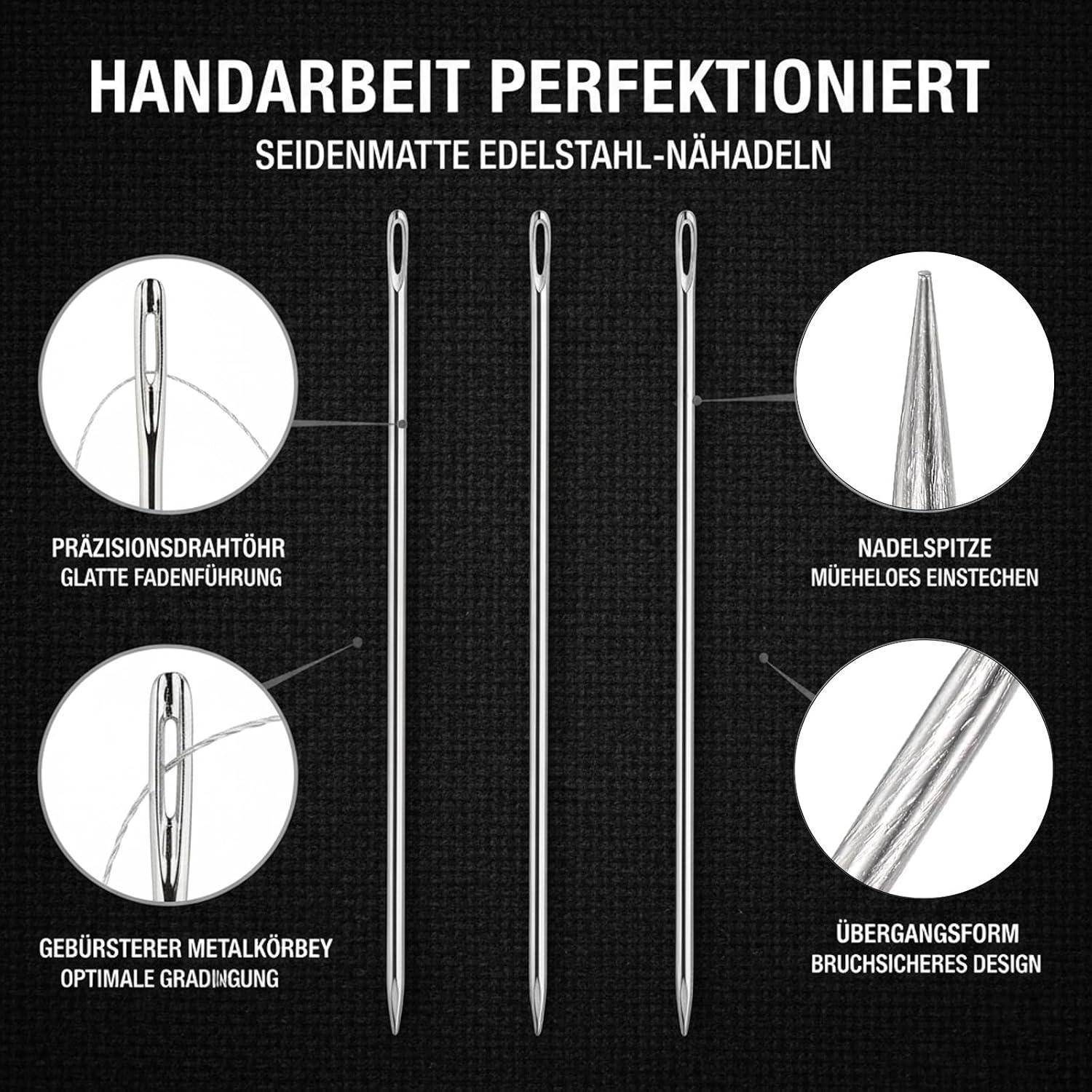 Infografik mit drei Edelstahlnähnadeln und vergrößerten Callouts, die das Nadelöhr, die spitze Spitze, den Schaftbereich und die glatte Fadenbahn hervorheben; deutscher Text bewirbt Handarbeitsperfektio