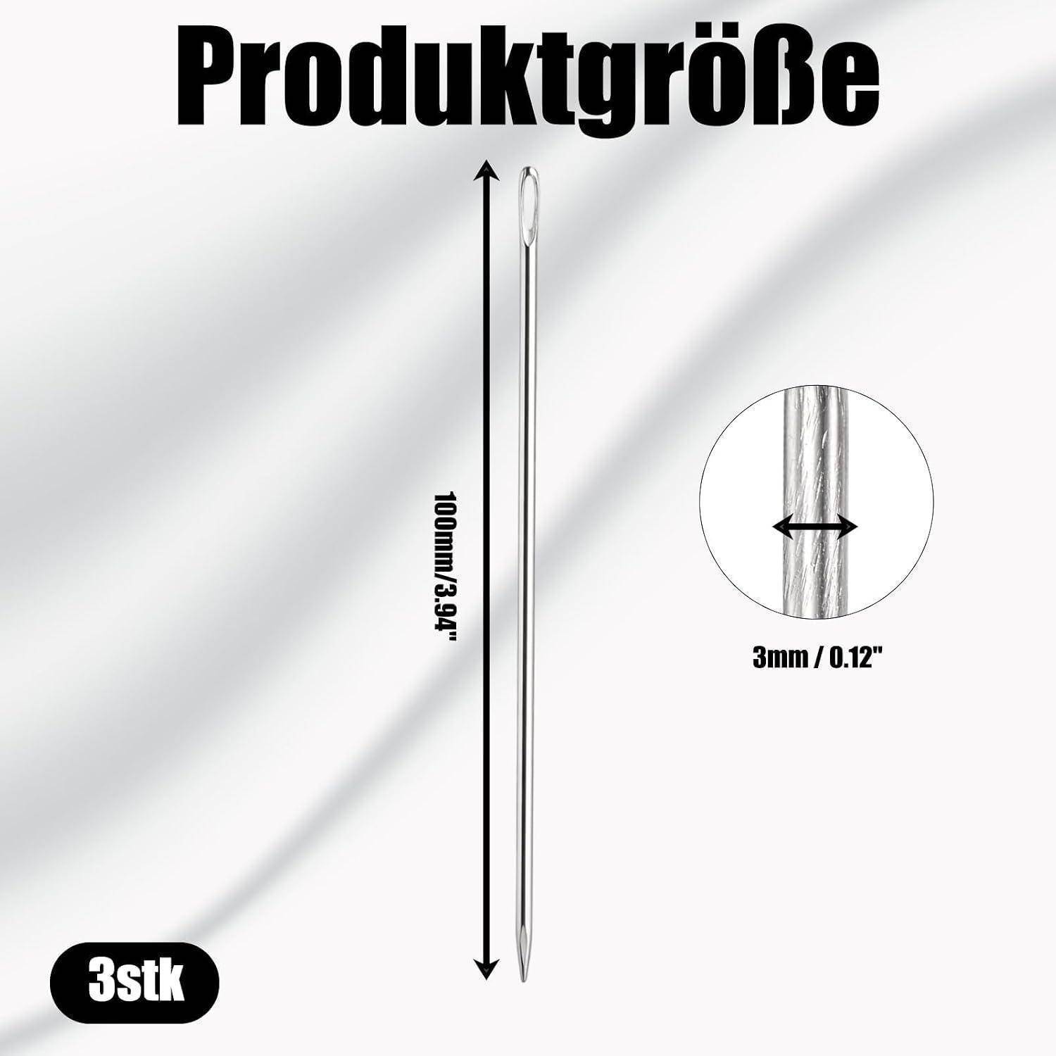 Größendiagramm des Produkts mit 3 silbernen Nähnadeln, jede 100 mm lang und 3 mm breit, gekennzeichnet mit 