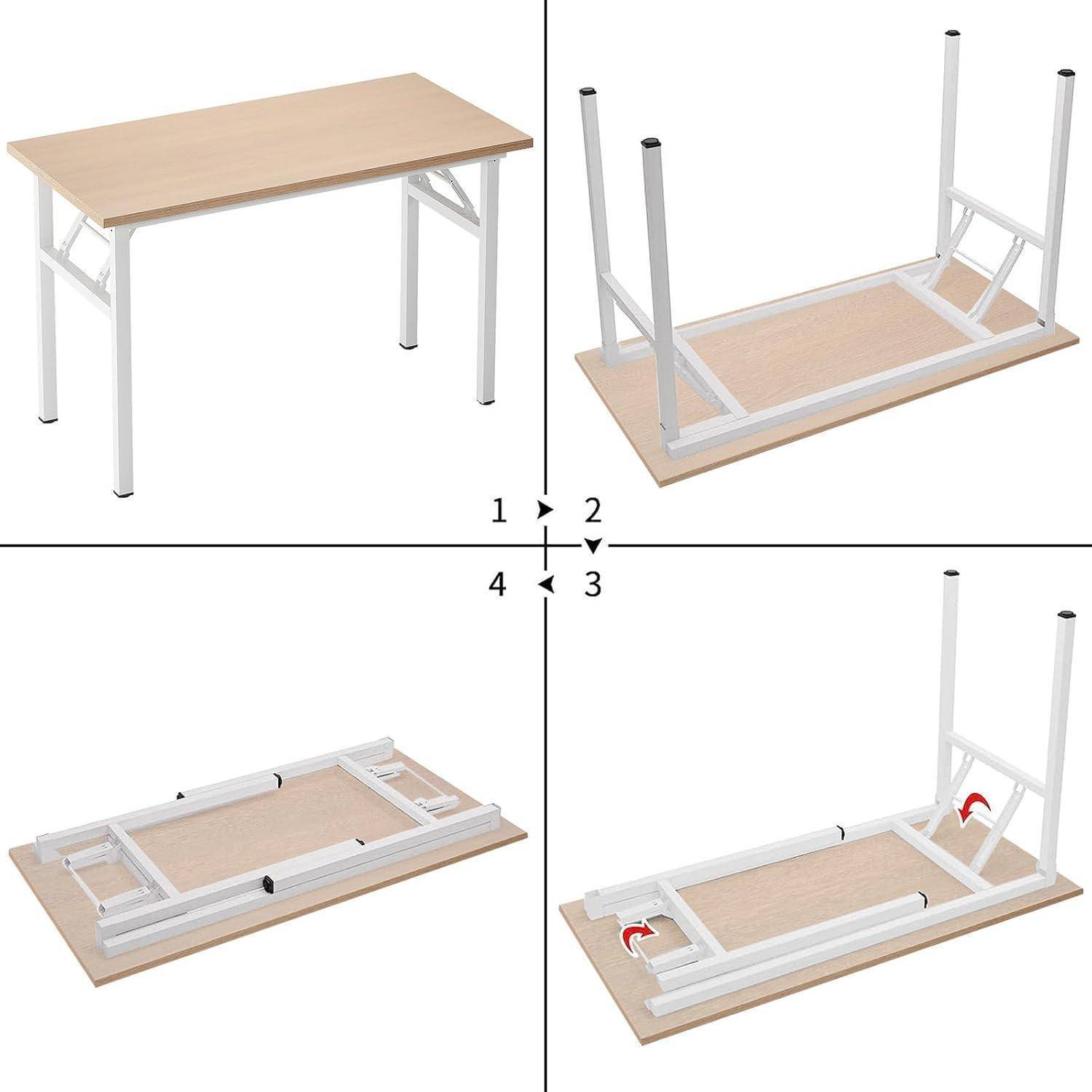 Vierstufiges Diagramm, das zeigt, wie ein faltbarer Tisch von einer aufrechten Gebrauchsposition in eine flache, zusammengefaltete Lagerposition auf der Seite umgewandelt wird.