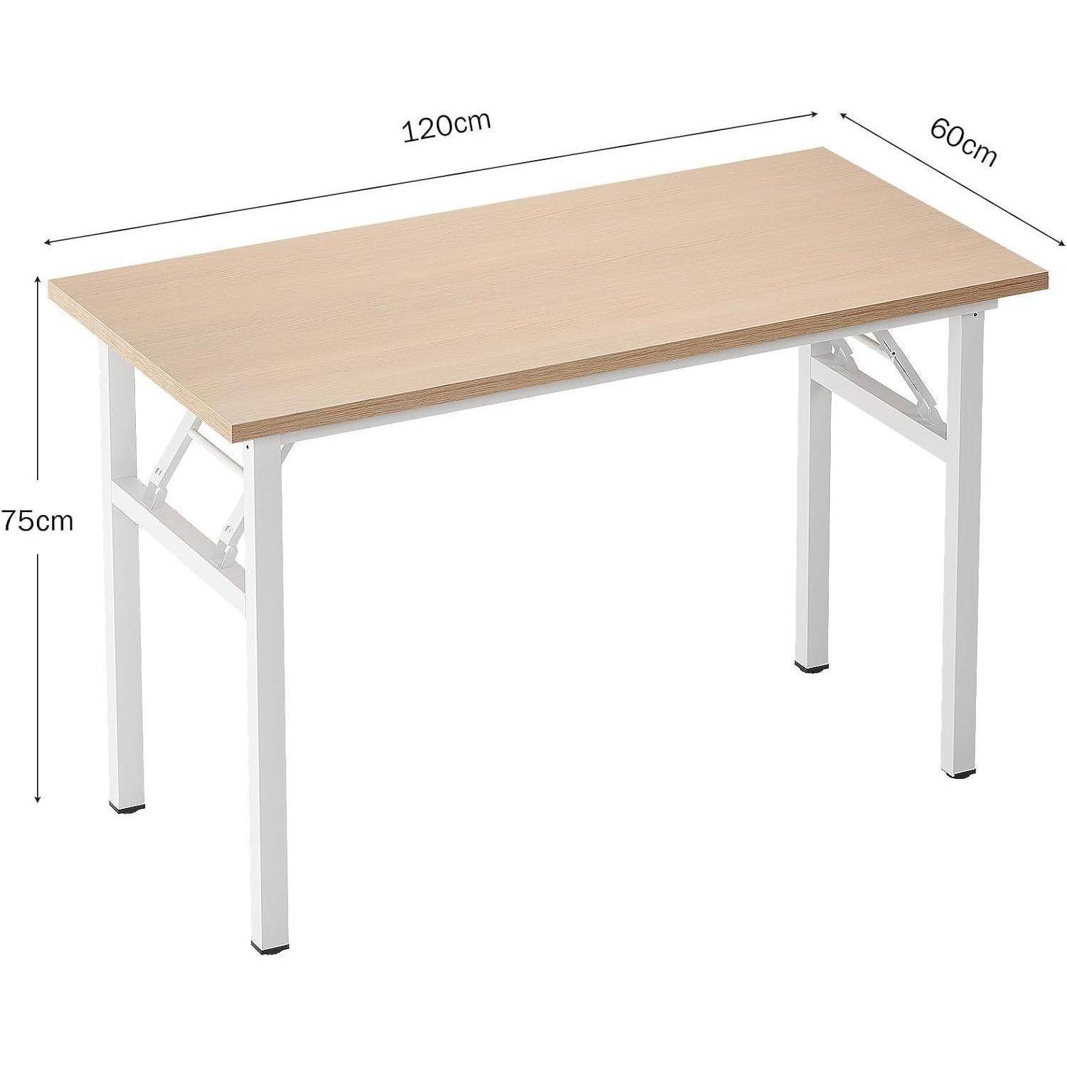 Klappbarer rechteckiger Tisch mit holzähnlicher Tischplatte und weißen Metallbeinen, dargestellt mit Abmessungen von 120 cm Länge, 60 cm Breite und 75 cm Höhe.