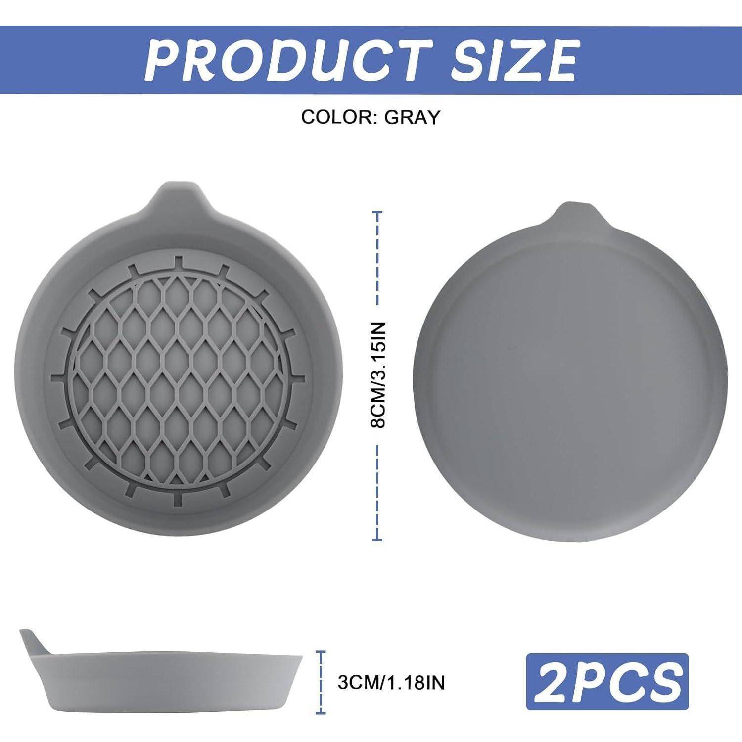 Größentabelle für einen grauen runden Deckel oder eine Abdeckung, mit Vorder- und Seitenansicht; Abmessungen 8 cm (3,15 Zoll) Durchmesser und 3 cm (1,18 Zoll) Höhe, 2 Stück.
