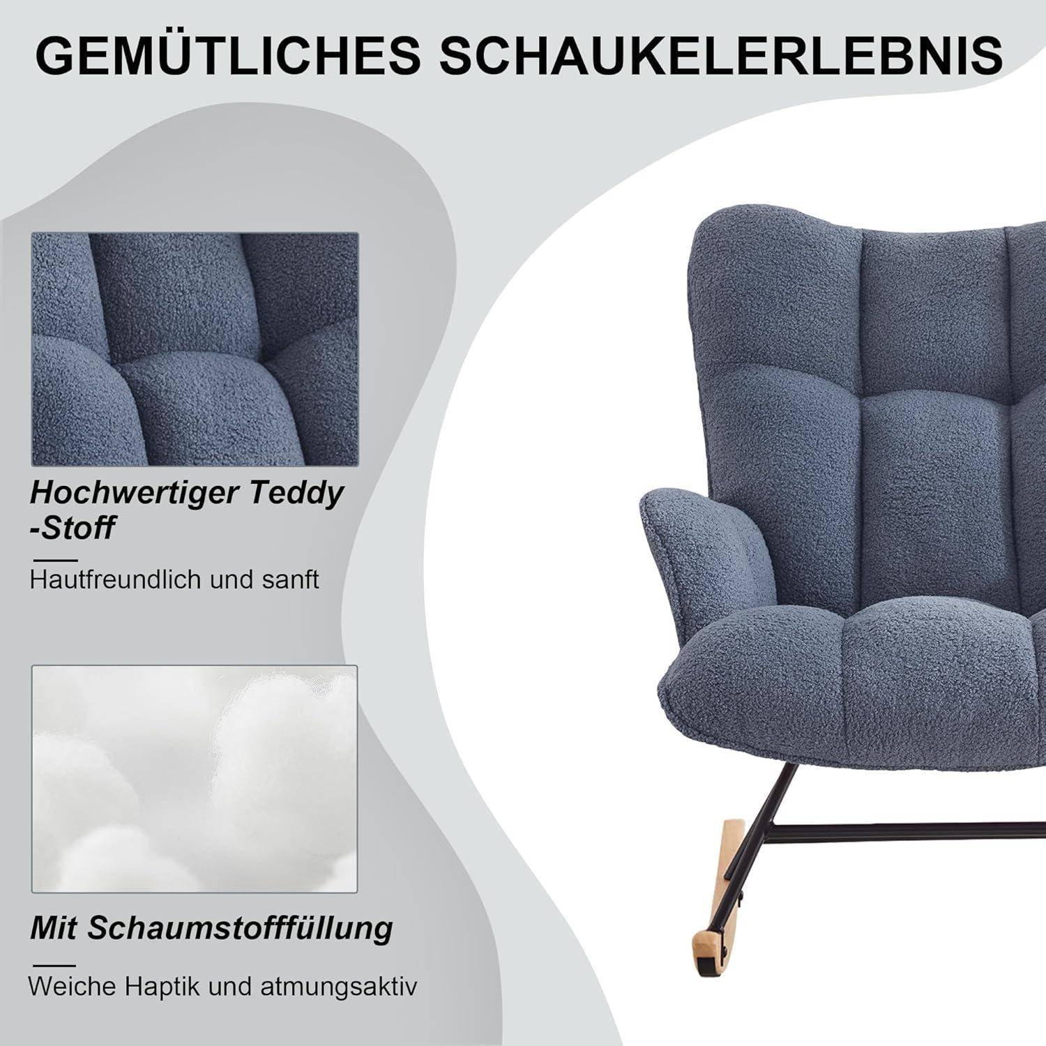 # Werbegrafik eines grau gepolsterten Loungessessels mit Nahaufnahmen der Teddy-Stofftextur und Schaumstofffüllung, beschriftet mit „Gemütliches Sitzerlebnis" und „Hochwertiger Teddy-Stoff"".