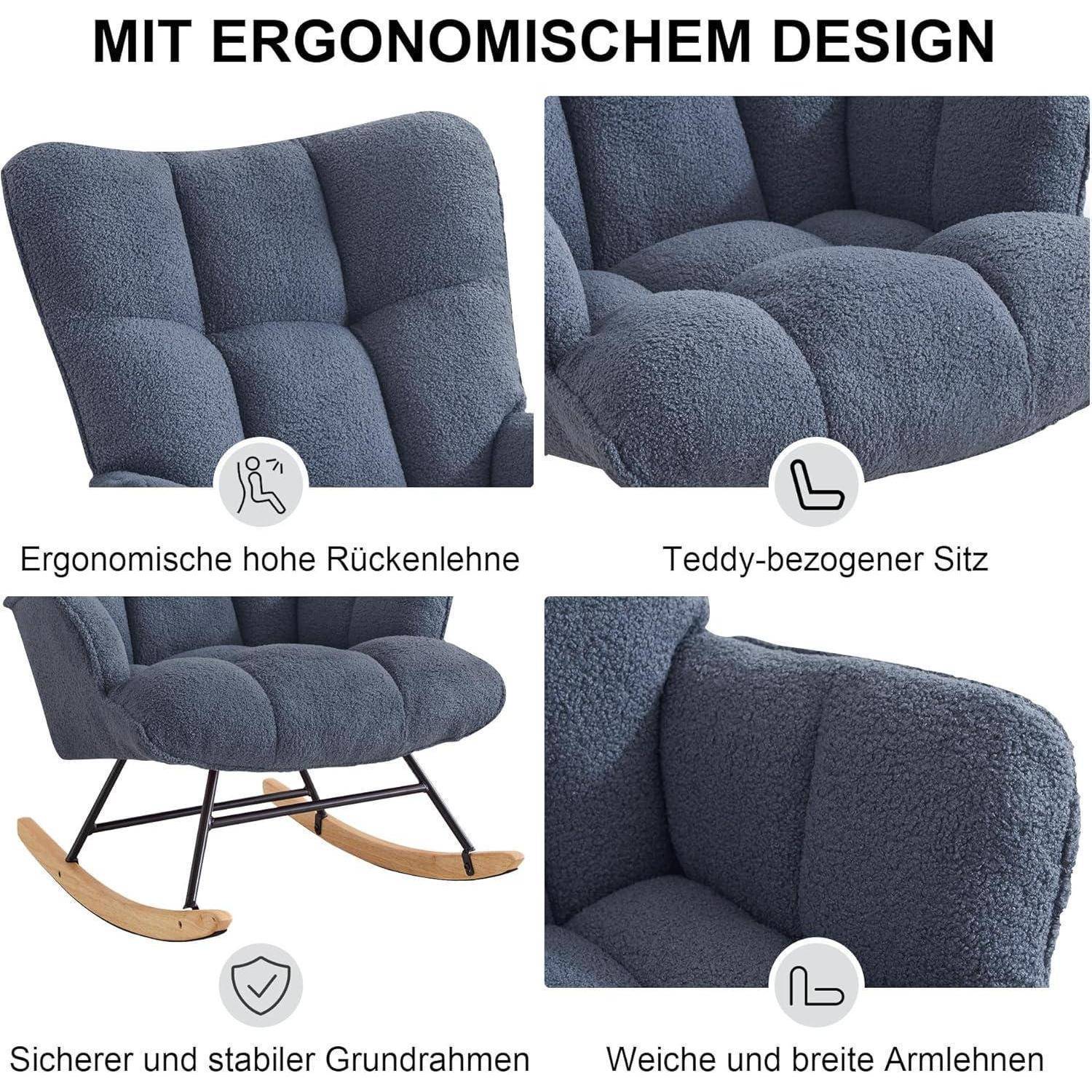 Deutsches Produktcollage eines blauen Teddy-Stoff-Schaukelstuhls mit ergonomischer hoher Rückenlehne, gepolstertem Sitz, breiten Armlehnen und stabilem Holzrahmen-Untergestell.