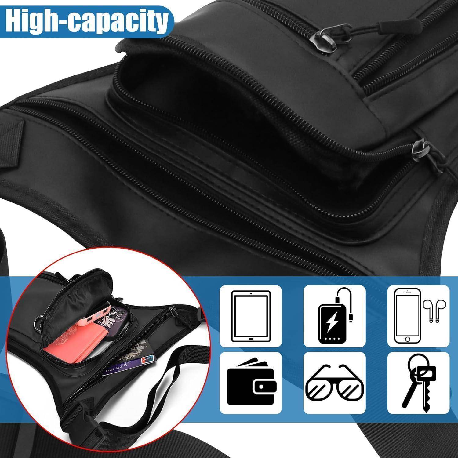 Schwarze Schulttertasche mit großem Fassungsvermögen und mehreren Reißverschlussfächern; Symbole zeigen, dass Tablet, Telefon, Geldbörse, Sonnenbrille und Schlüssel hineinpassen.