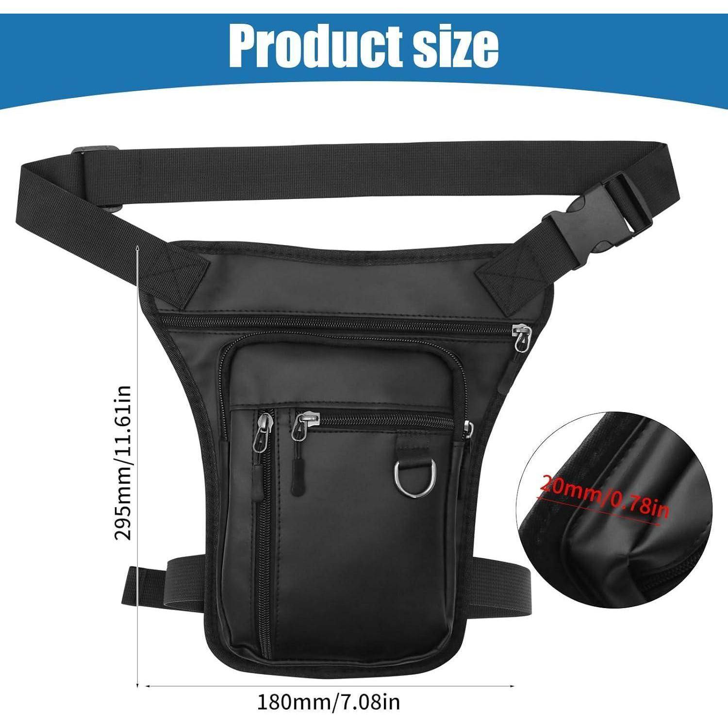 Schwarze Hüfttasche mit verstellbarem Gürtel und mehreren Reißverschlusstaschen, mit der Produktgröße 180 mm breit mal 295 mm hoch gekennzeichnet; Riemenbreite 20 mm.