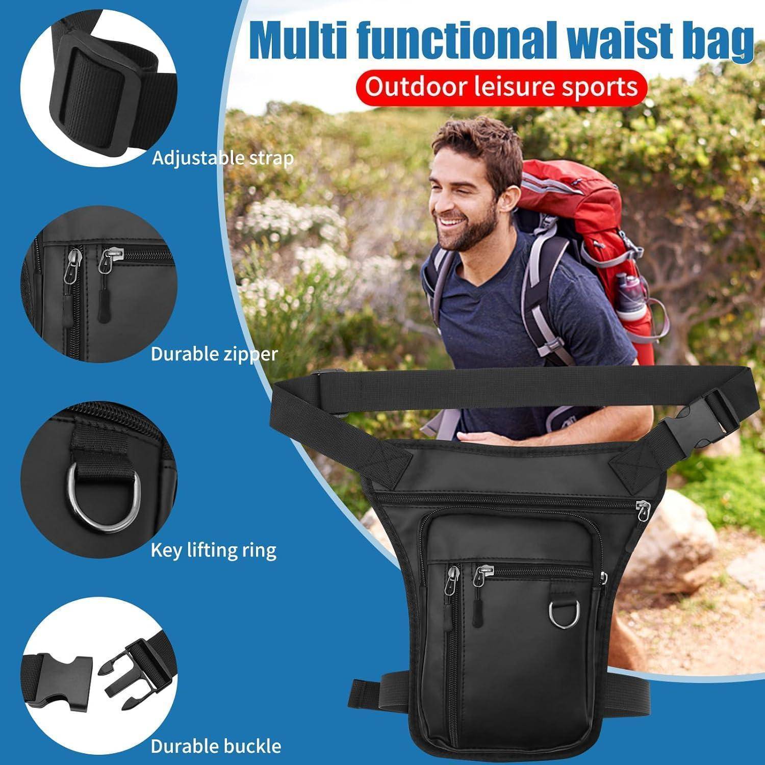 Werbebild einer schwarzen multifunktionalen Hüfttasche mit verstellbarem Riemen, Reißverschluss, Schlüsselring und Schnalle, gezeigt mit einem Mann beim Wandern im Freien.