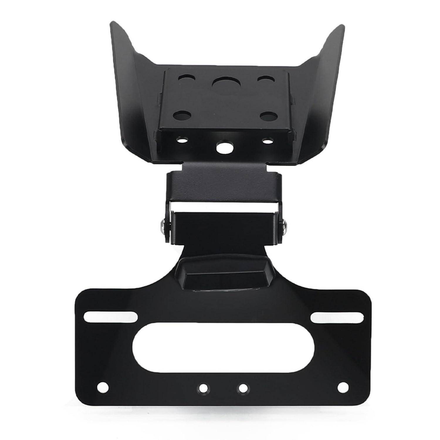 Schwarze Metall-Befestigungswinkel mit verstellbarem Design, oben mit U-förmiger Halterung und Grundplatte mit Schlitzen mit mehreren Bolzenlöchern.
