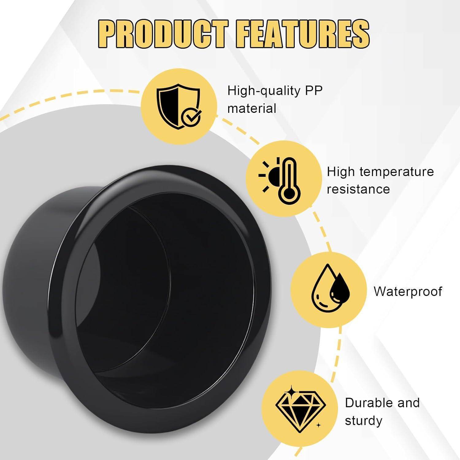 Produktmerkmalsgrafik zeigt eine schwarze PP-Rohrverschraubung mit den Bezeichnungen: Hochtemperaturbeständigkeit, wasserdicht und langlebig und robust.