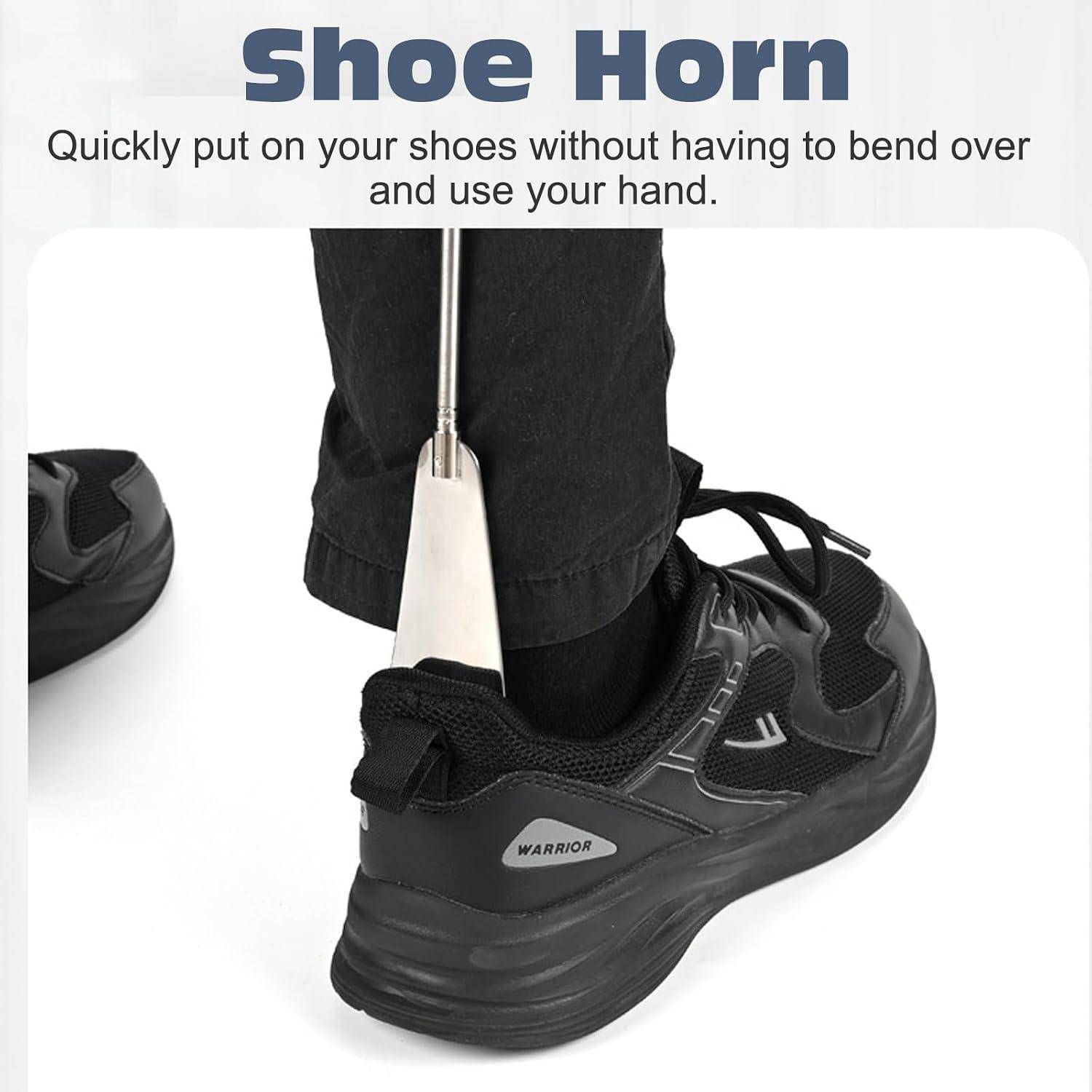 Schuhlöffel zum Ausziehen eines schwarzen Sneakers ohne sich zu bücken; Text sagt „Schuhlöffel" und „Ziehen Sie Ihre Schuhe schnell an, ohne sich bücken zu müssen und ohne Ihre Hände zu benutzen."