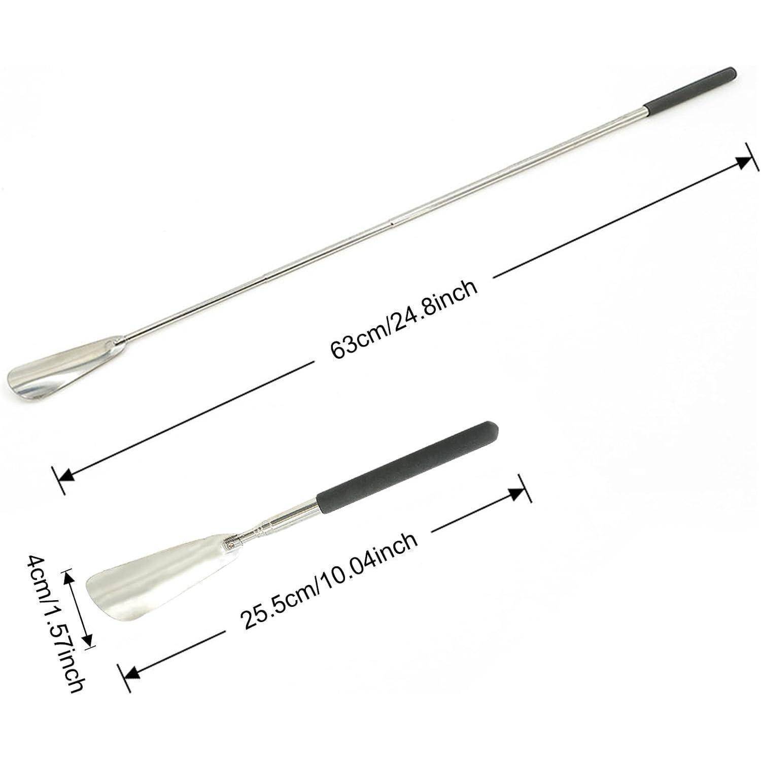 Metallgreifer-Werkzeug mit langem Griff und löffelförmigem Ende, in zwei Größen abgebildet: 63 cm/24,8 Zoll und 25,5 cm/10,04 Zoll.