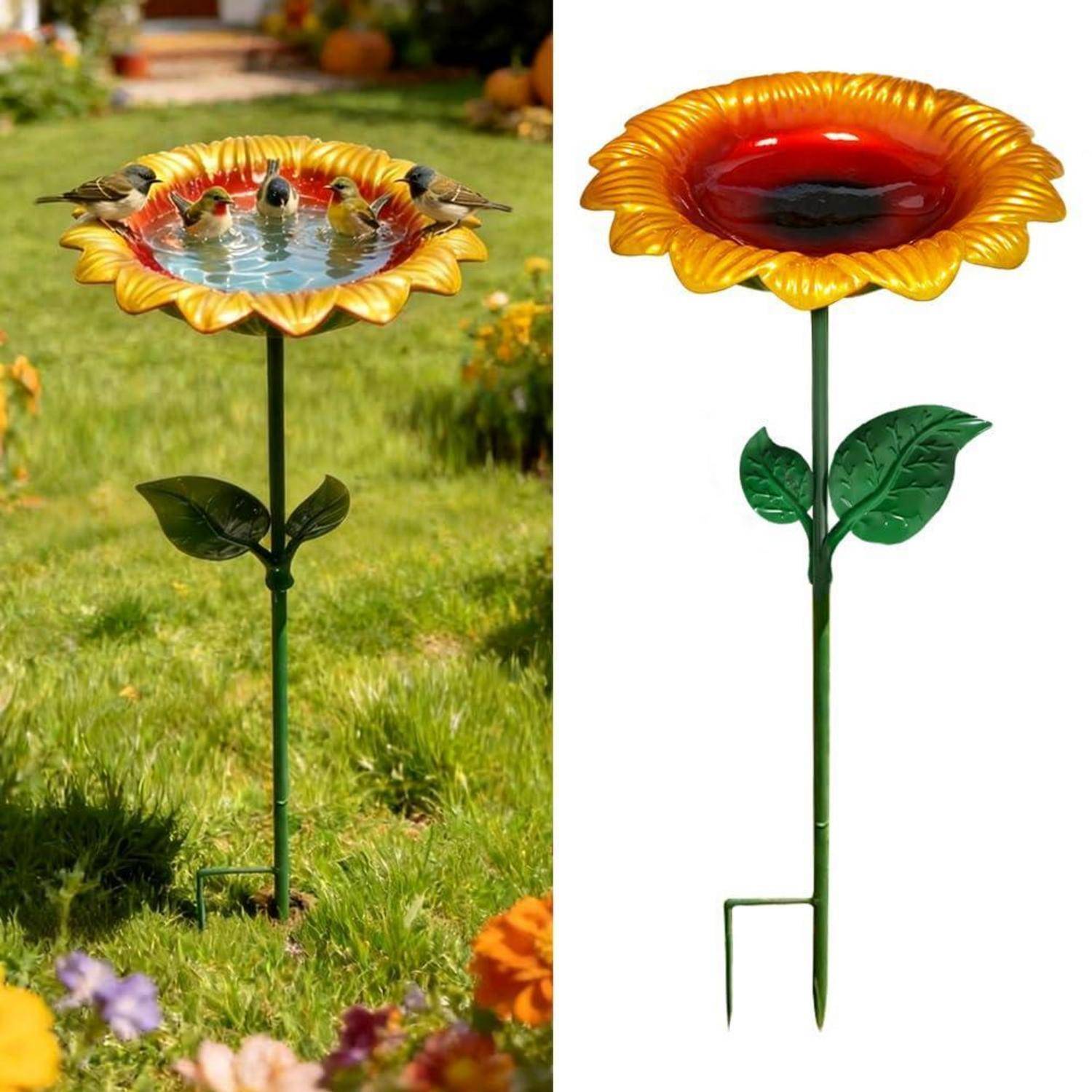 Sonnenblumen-förmiges Solar-Vogelbad auf grünem Ständer mit Blattdetail, gezeigt im Freien in einem Garten und als Produktbild auf weißem Hintergrund.