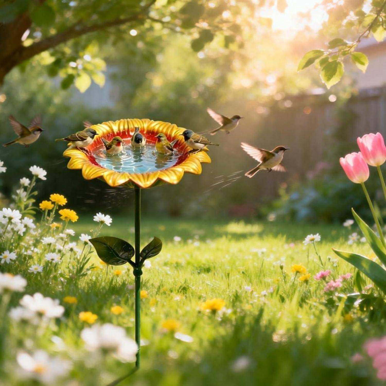 Dekorativer Sonnenblumen-Vogelbad in einem sonnigen Garten, mit Vögeln, die herumschwirren, und Blüten, die in der Nähe blühen.