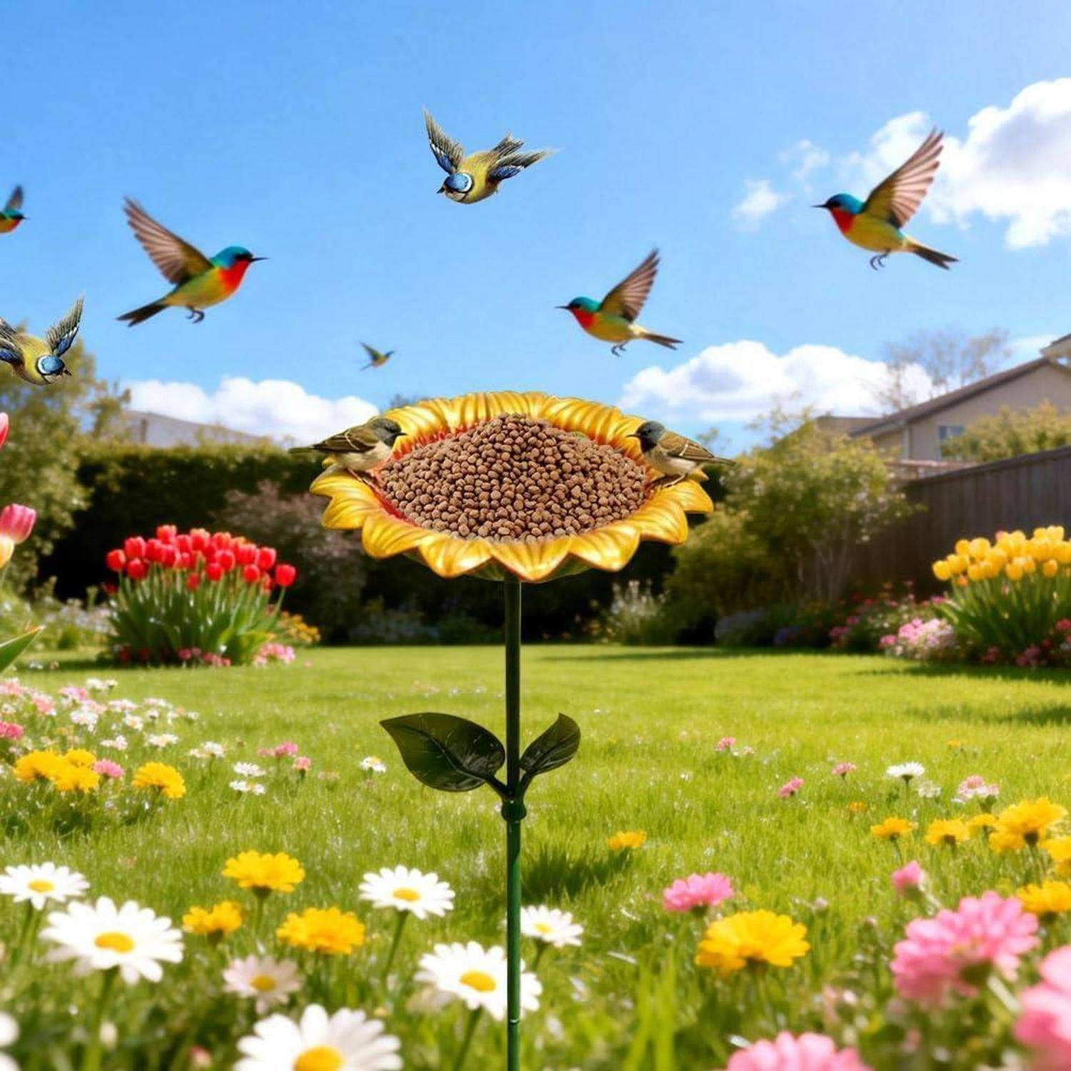 Vogelfutter in Sonnenblumenform in einem farbenfrohen Garten, mit mehreren Kolibris, die darunter an einem blauen Himmel herumfliegen.