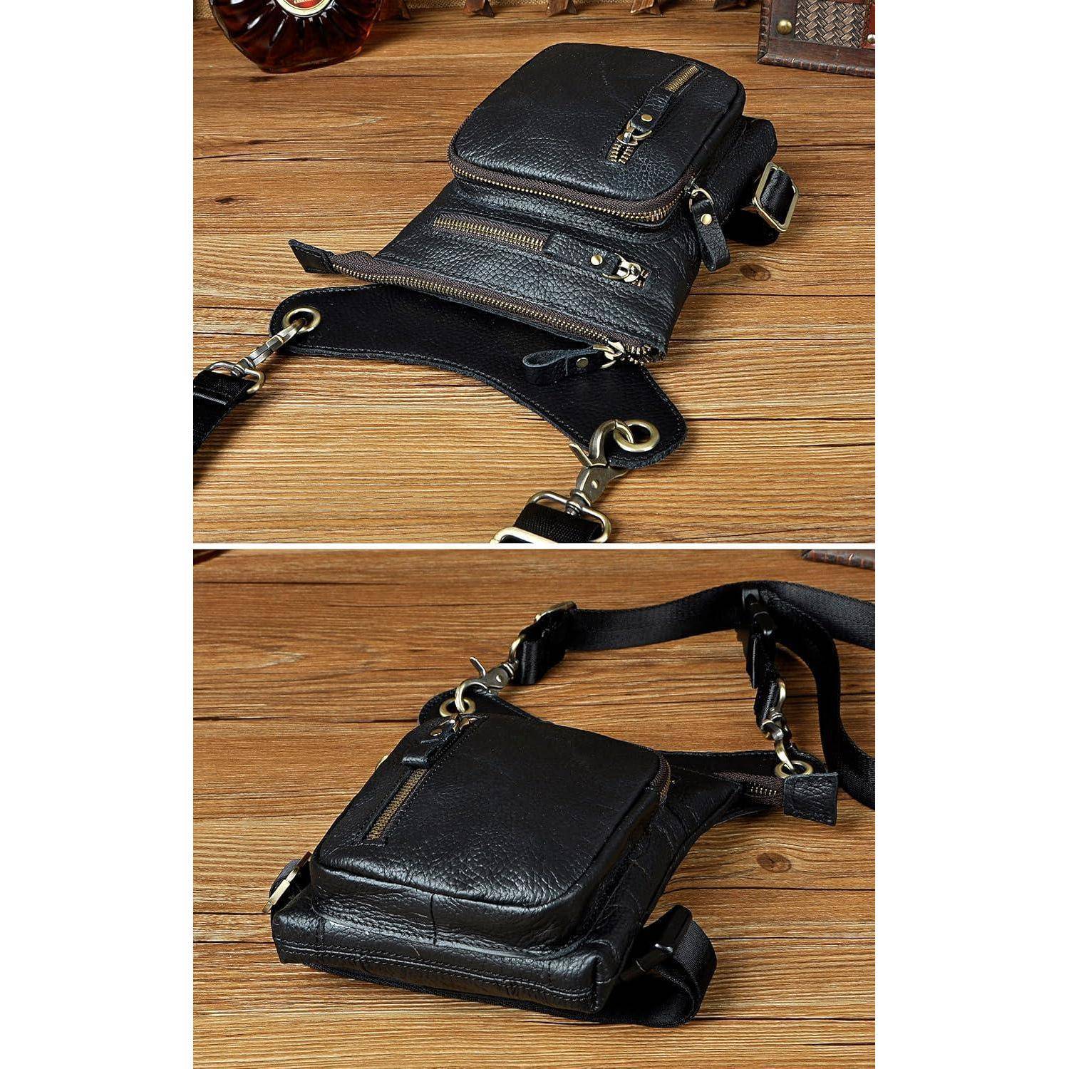 Schwarze Ledertasche zum Umhängen über die Brust mit Reißverschlusstaschen und verstellbarem Riemen, gezeigt aus zwei Blickwinkeln auf einer Holzoberfläche.