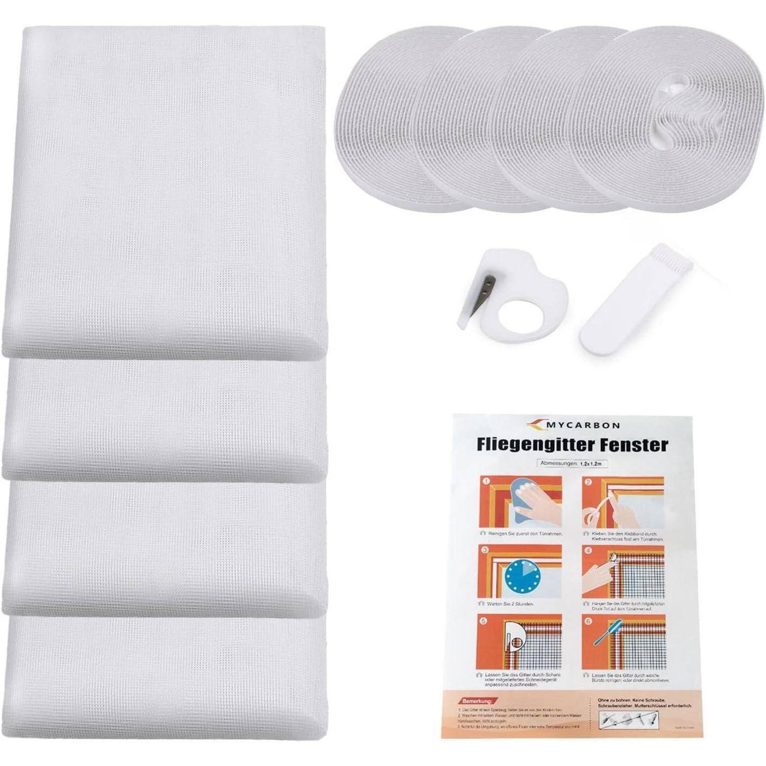 Weiß Fiberglas-Fensterfliegengitter-Set mit gerolltem Gittergewebe, Schneider, Klebeband und deutschem Anleitungsblatt mit der Aufschrift „Fliegengitter Fenster