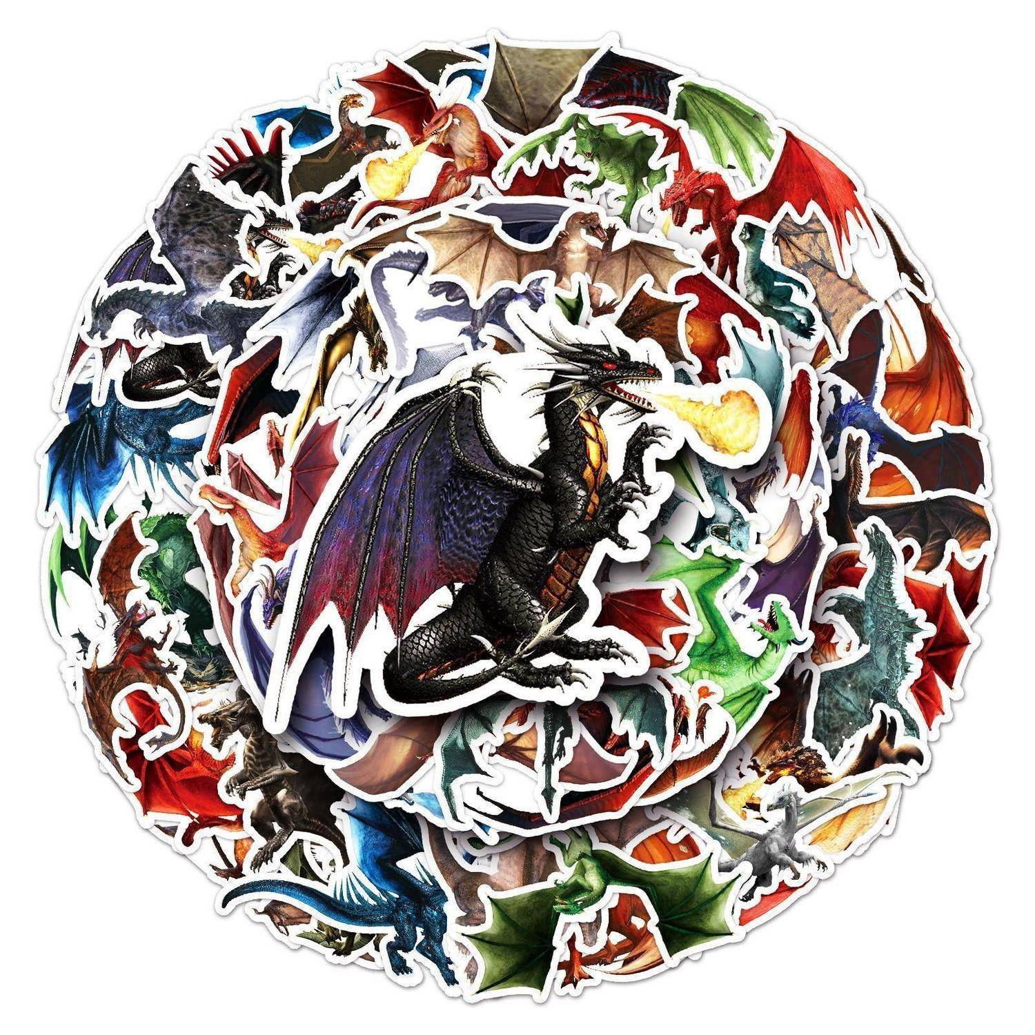Bunte kreisförmige Collage aus vielen Drachenstickern, mit einem schwarzen Drachen, der Feuer in der Mitte ausspuckt.
