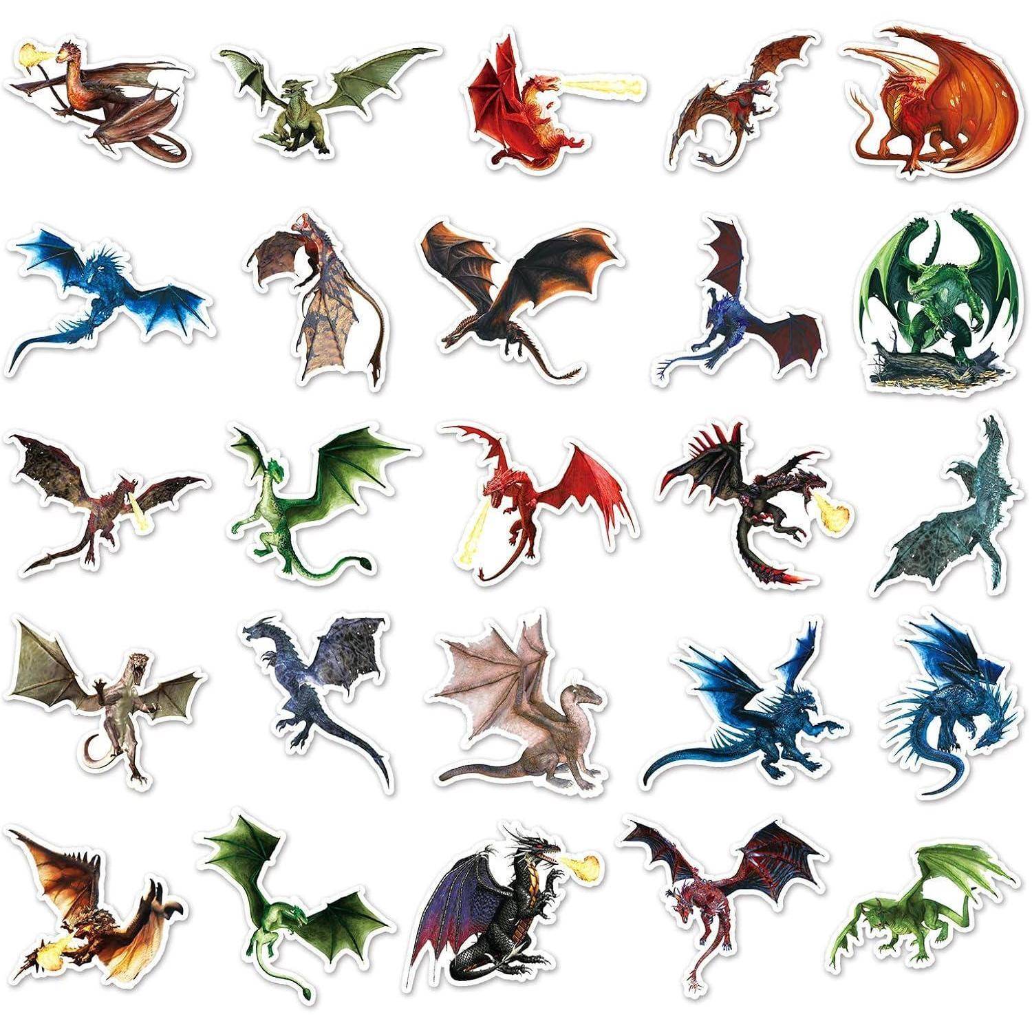 Aufkleberblatt mit assorted Fantasy-Drachen in vielen Farben, Posen und Flügelstilen auf weißem Hintergrund.