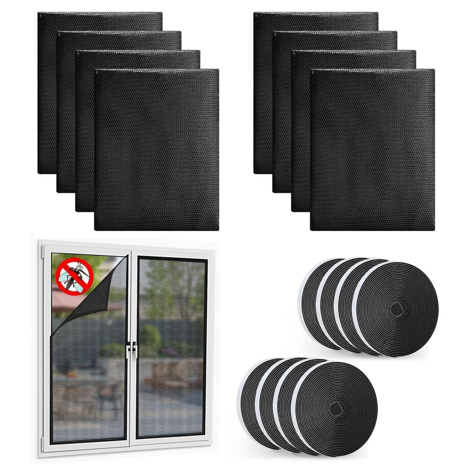Schwarze Insektenschutzgitter-Meshplatten, Rollen von Mesh-Band und ein Fenster mit abnehmbarem Moskitonetz.