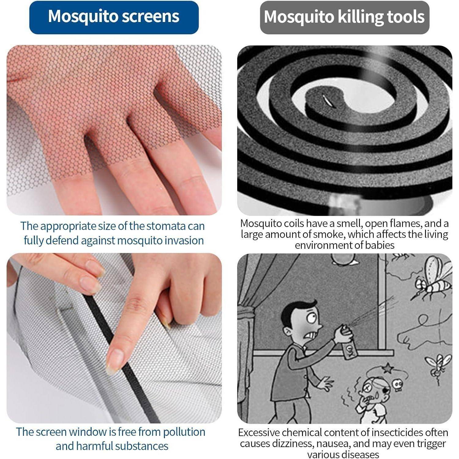 Infografik zum Vergleich von Moskitonetzen und Moskitotötungswerkzeugen: Netze blockieren Mücken und vermeiden gleichzeitig Rauch, Dämpfe und schädliche Exposition für Babys.