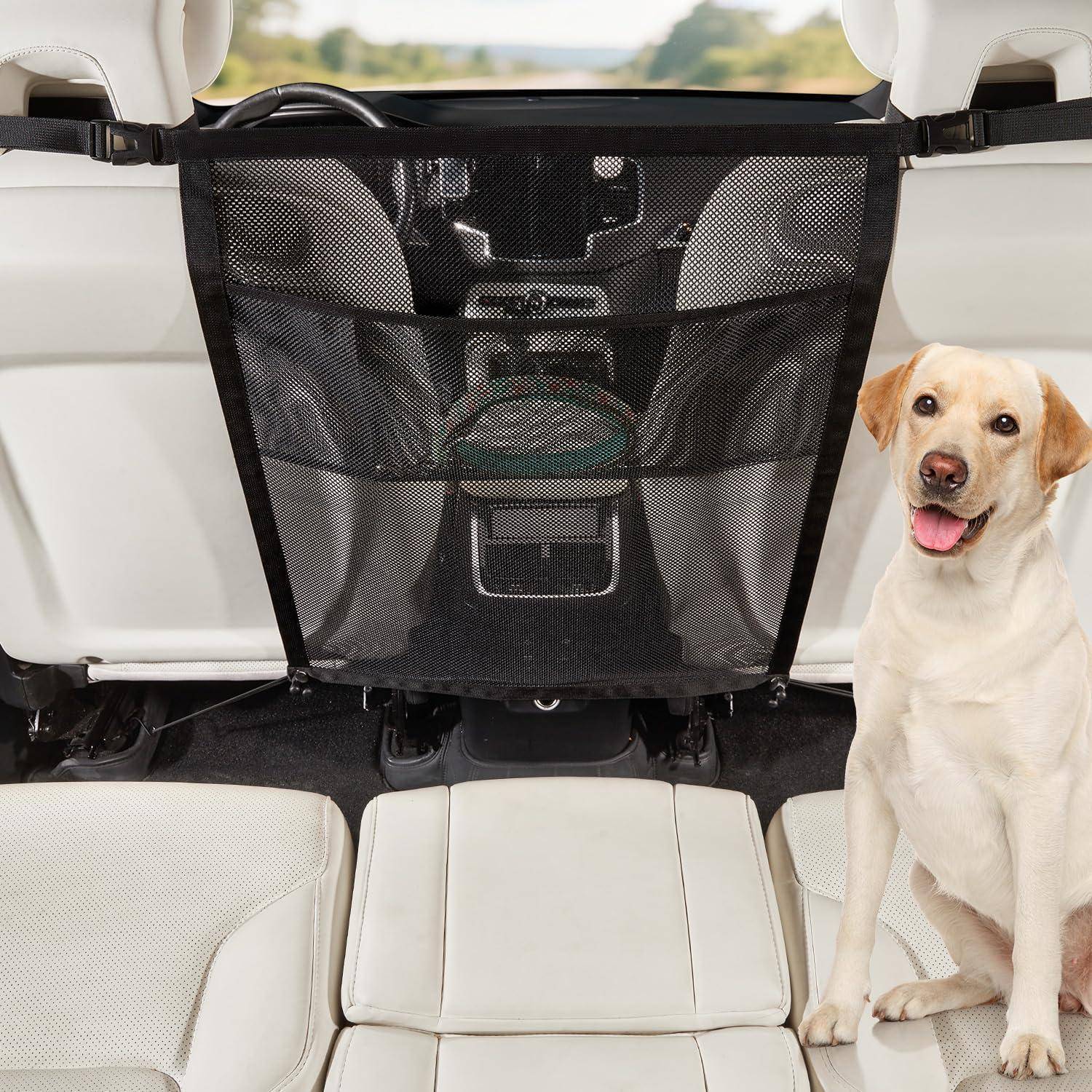 Weißer Labrador, der auf dem Rücksitz eines Autos neben einer Gitterschranke sitzt, die den hinteren Laderaum von den Passagieren trennt.