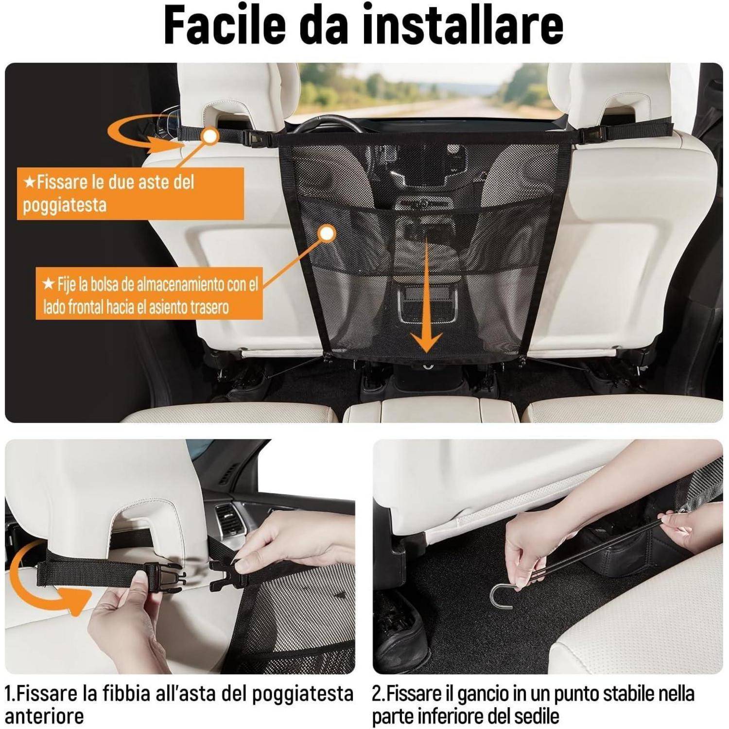 Anleitung zum Installieren einer Autositz-Aufbewahrungstasche auf dem Rücksitz: Riemen an den Kopfstützenstangen befestigen, Tasche mit der Vorderseite zum Rücksitz hängend anbringen und den Haken an einem stabilen Punkt sichern.