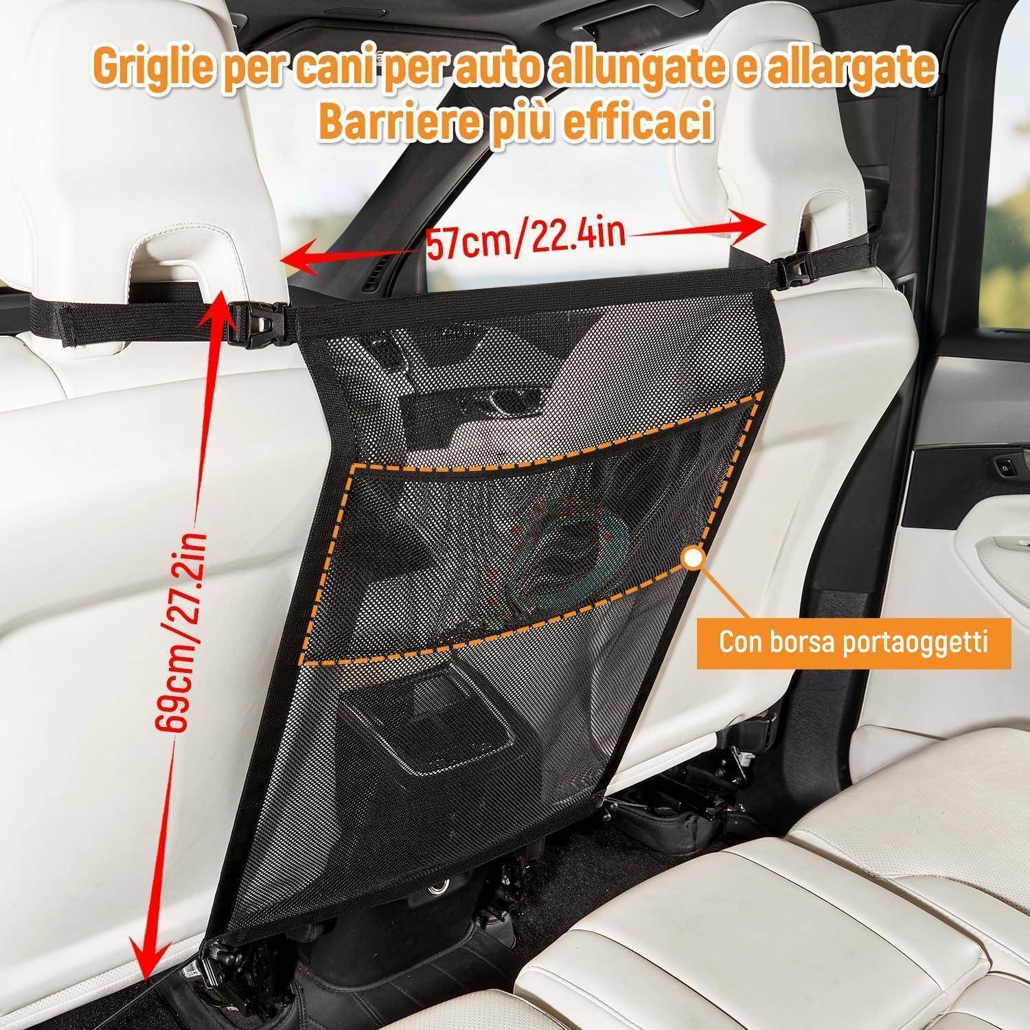 Netz-Schutzgitter für Rücksitze des Autos mit Aufbewahrungstasche, dargestellt installiert zwischen Vordersitzen; gekennzeichnet mit 57 cm Breite und 69 cm Höhe.