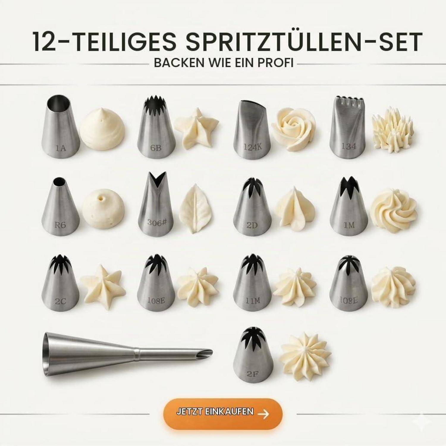 12er Spritztüllen Set Edelstahl für Torten & Cupcakes