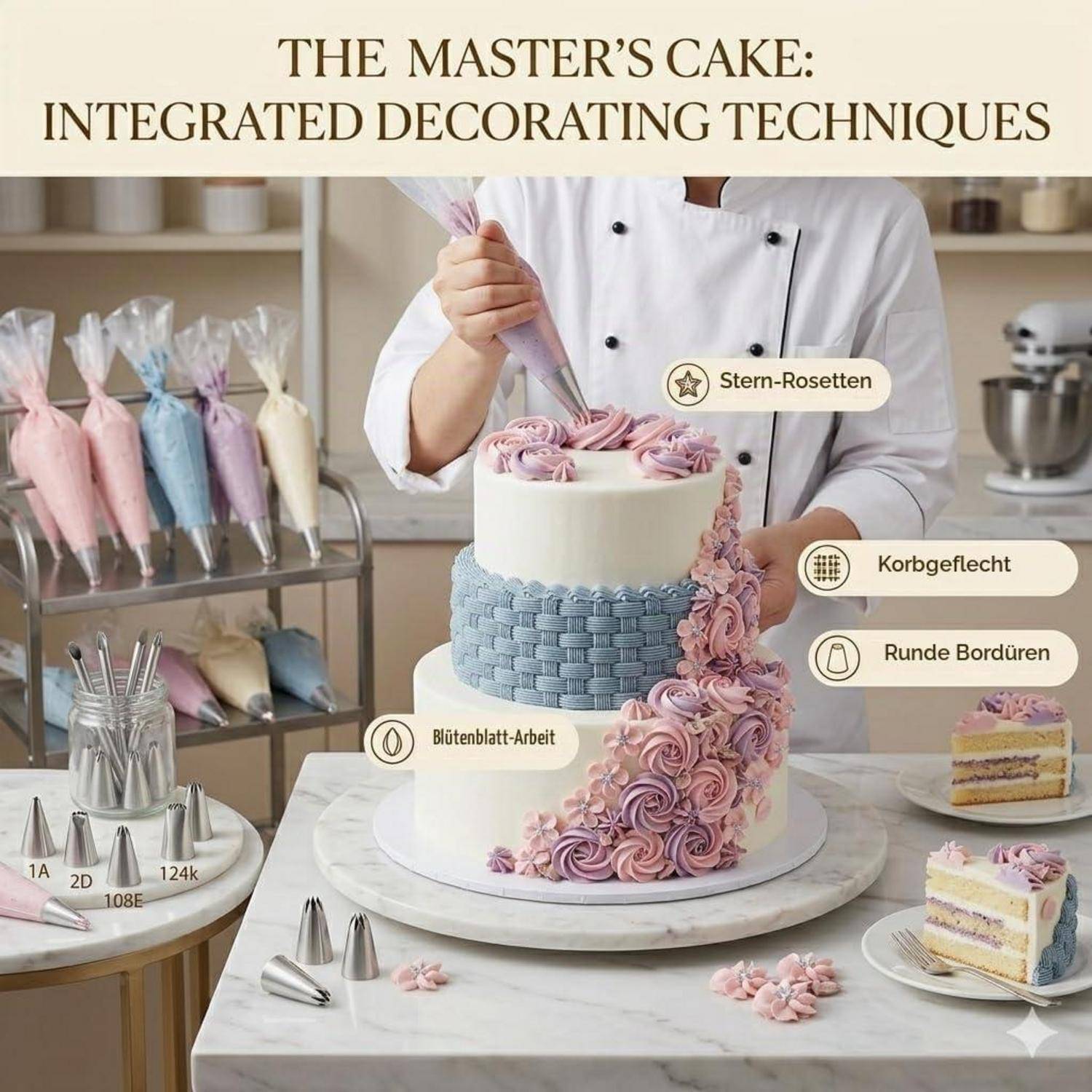 Plakat mit einem Konditor, der eine mehrstöckige Torte mit Spritzeln verziert. Die Techniken sind beschriftet mit 'Stem-Rosetten', 'Korbgeflecht', 'Runde Bordüren' und 'Blütenblatt-Arbeit'.