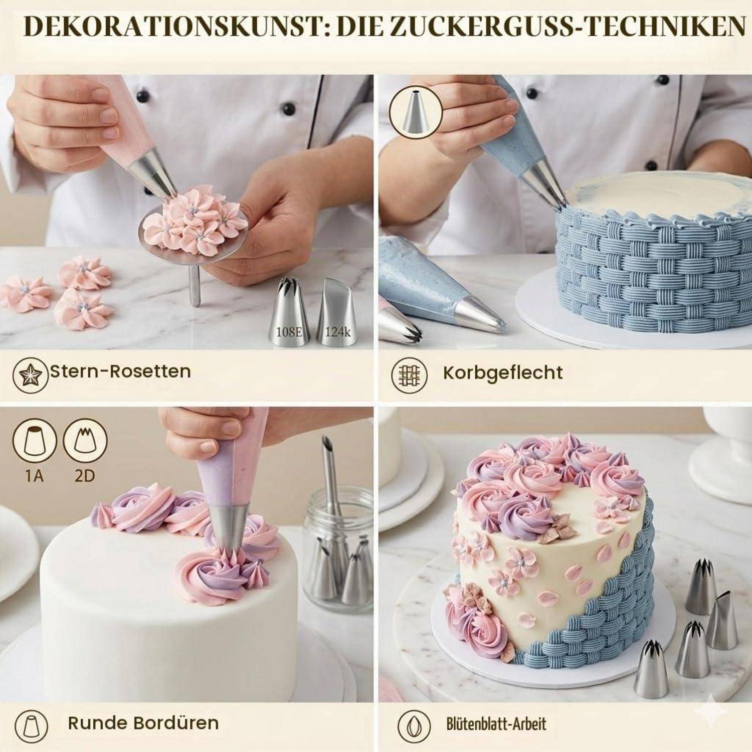 Infografik mit dem Titel „Dekorationskunst: Die Zuckerguss-Techniken