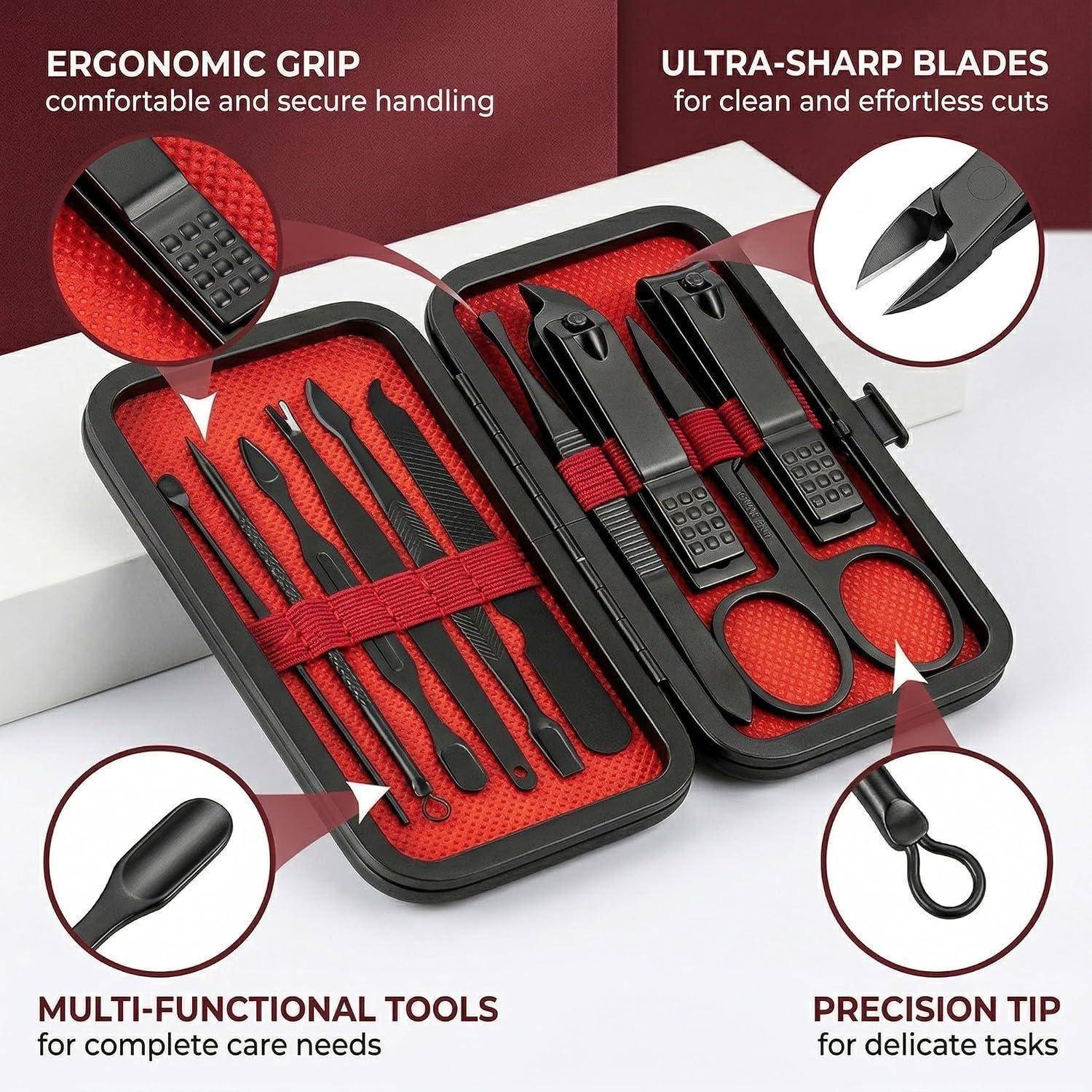 Maniküre- und Pediküre-Set in einem rot-schwarzen Etui mit ergonomischem Griff, ultrascharf geschliffenen Klingen, multifunktionalen Werkzeugen und Präzisionsspitzen für die Nagelpflege.