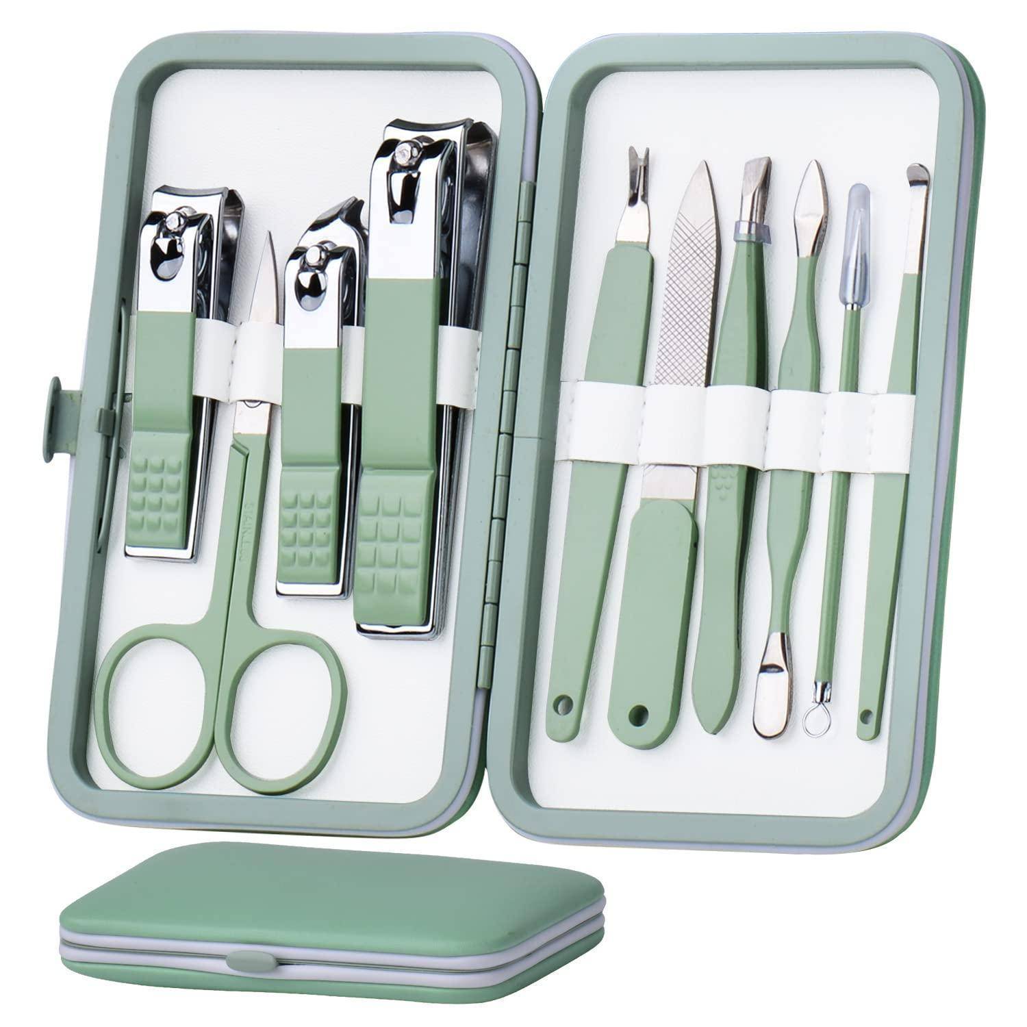 Mint-grünes Maniküre- und Pediküre-Pflegeset mit Nagelknipsern, Schere, Pinzette und Feilen in einem Faltkoffer.