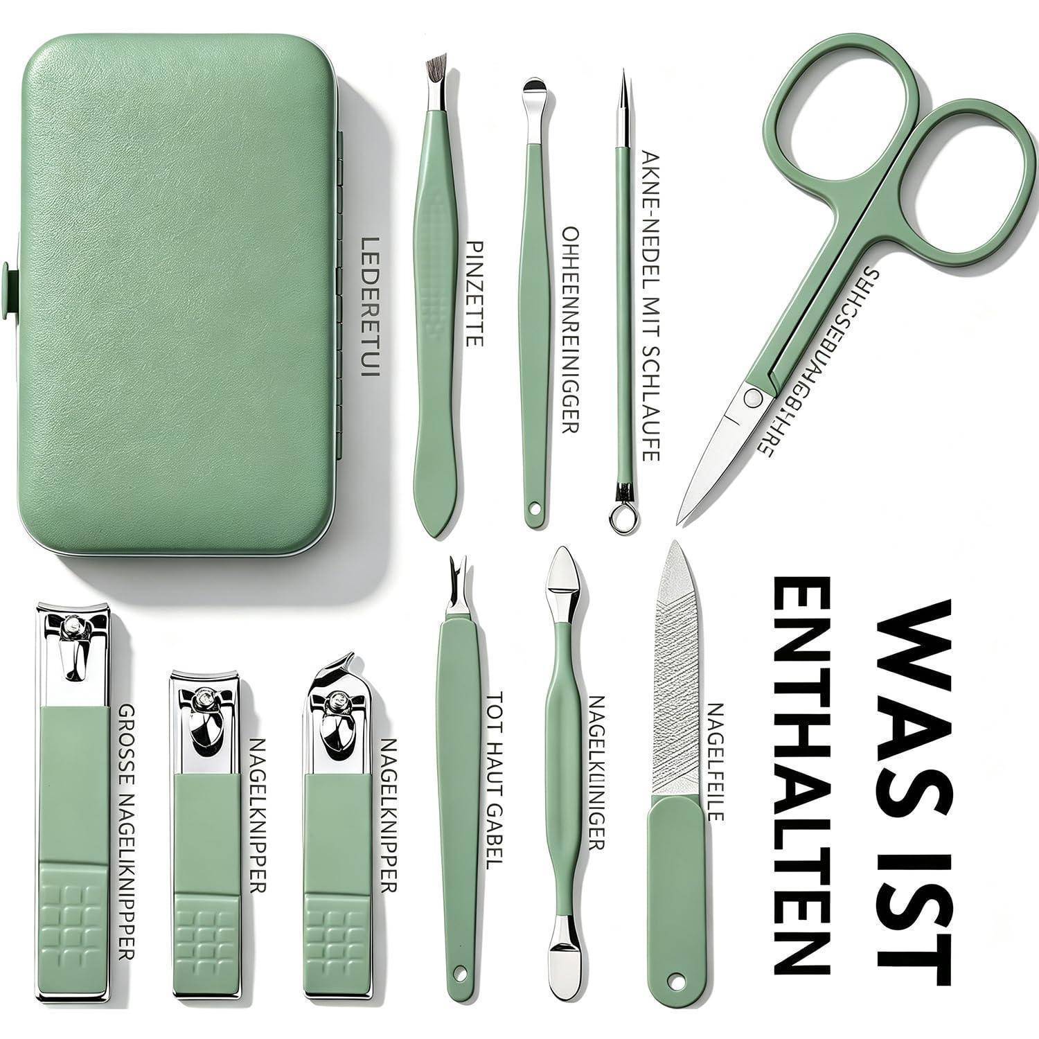 Grünes Maniküre- und Pediküre-Set mit Etui, Schere, Pinzette, Nagelhaut-Werkzeuge, Nagelknipser, Nagelfeile und Text „WAS IST ENTHALTEN" mit der Bedeutung „was enthalten ist"".