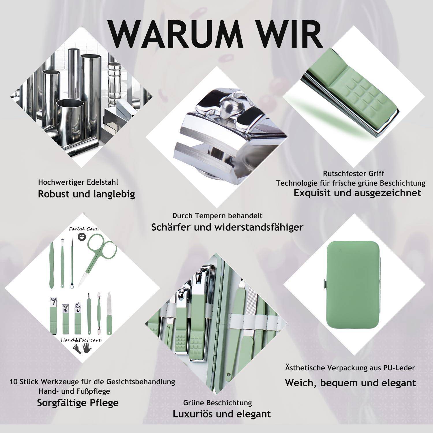 HANTEKAS Maniküre-Set 10-teilig Edelstahl Jadegrün Etui in Lederoptik