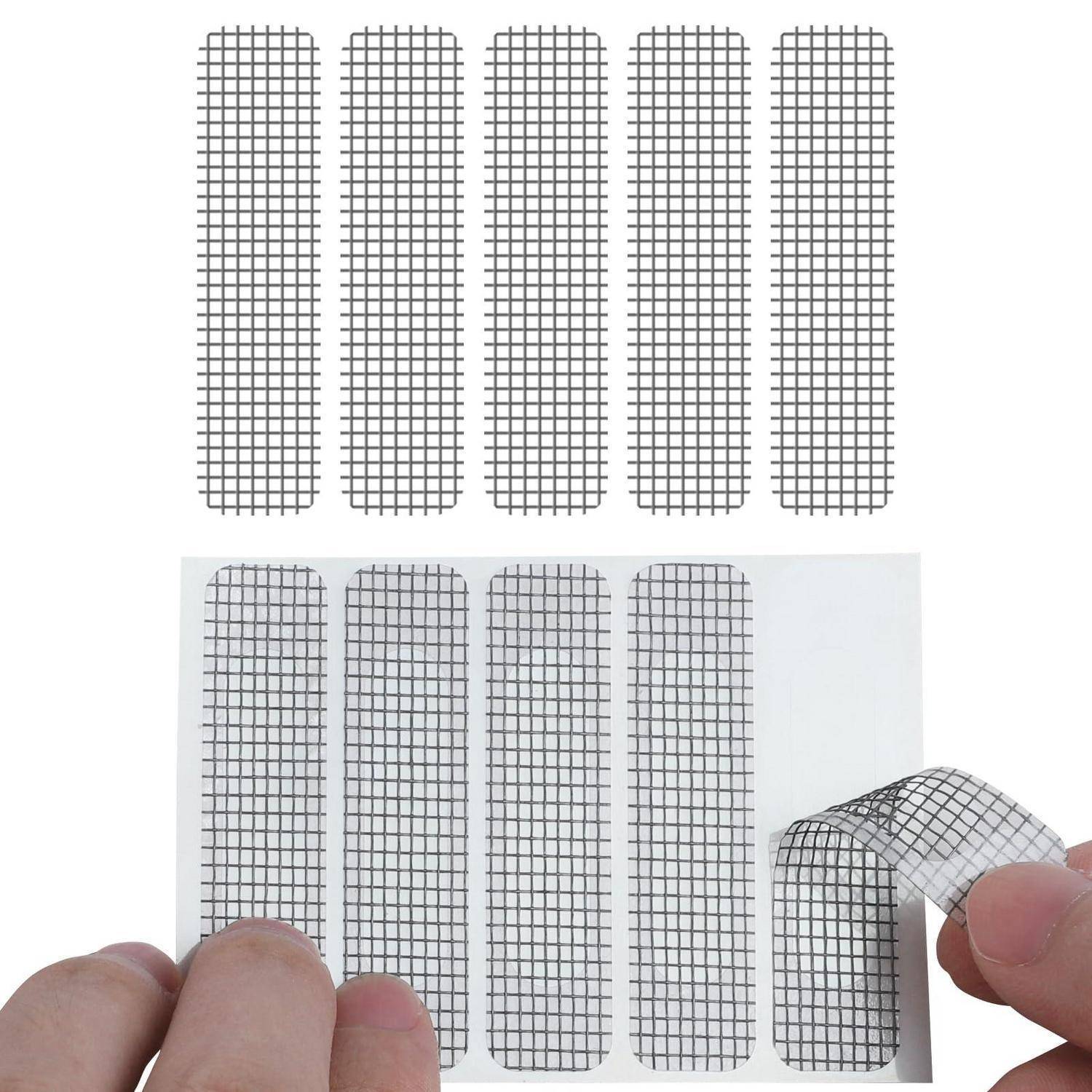 Blatt mit fünf schmalen abgerundeten Rechteck-Mesh-Klebestreifen, wobei ein Streifen von Hand abgezogen und auf eine Oberfläche aufgebracht wird.