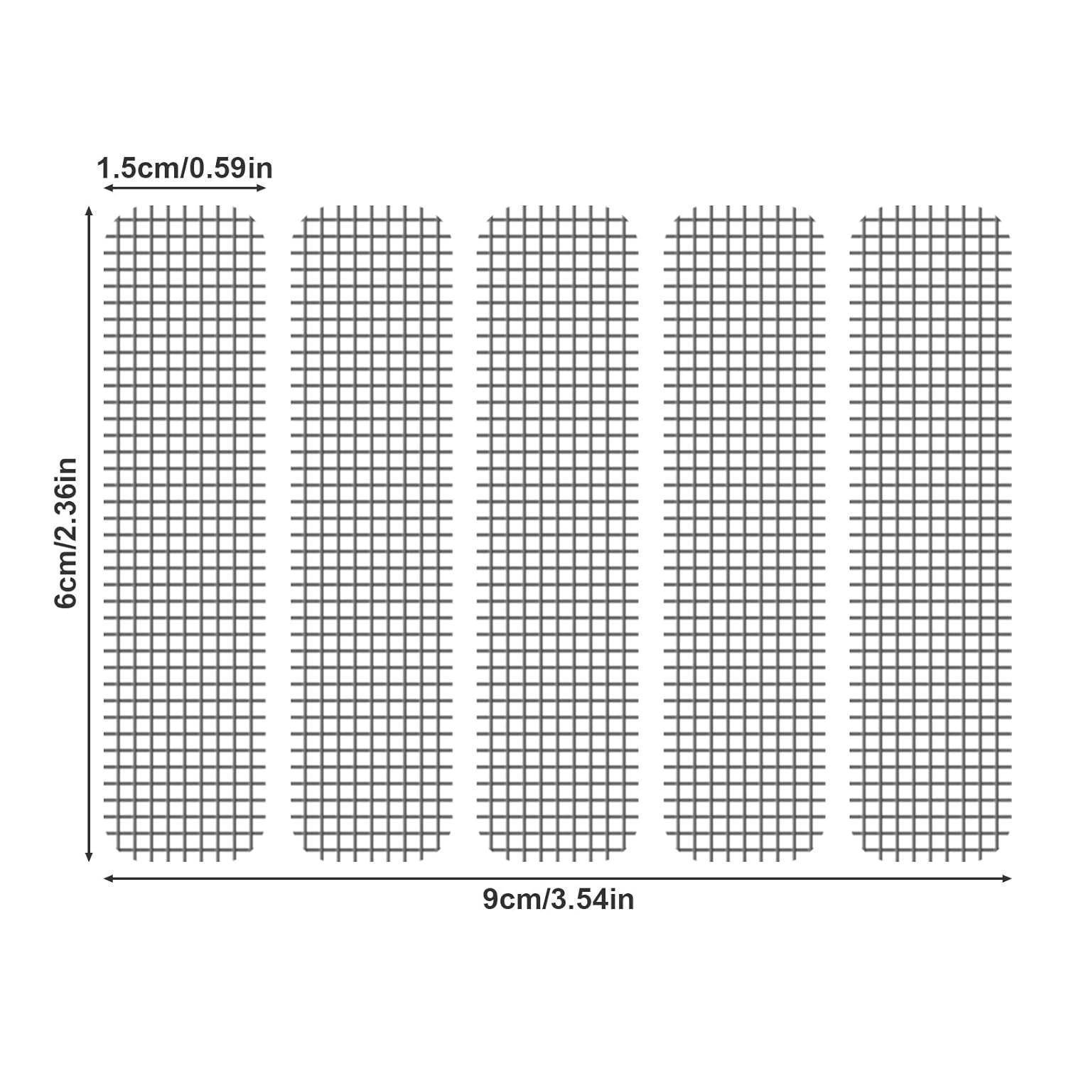 Diagramm von fünf schmalen rechteckigen Maschenstreifen, beschriftet 1,5 cm breit, 6 cm hoch, mit einer Gesamtbreite von 9 cm.