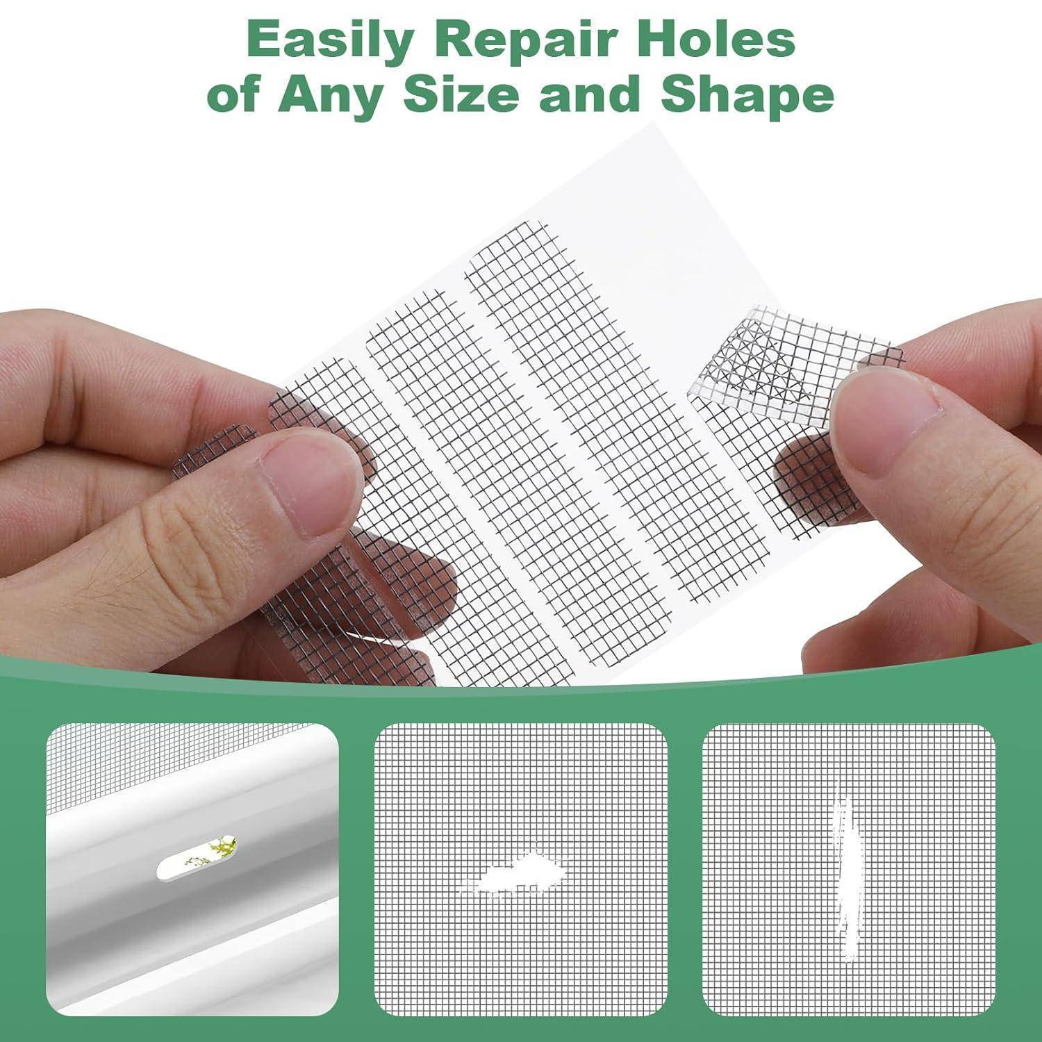 Die Anzeige zeigt Mesh-Reparaturflicken zum Abdecken von Löchern jeder Größe und Form; Hände halten Flickenblätter, mit Vorher- und Nachher-Beispielen von repariertem Schaden.