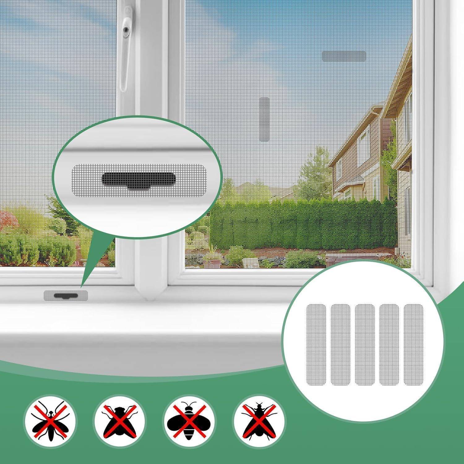 Insektengitter mit Fenster auf weißem Rahmen, mit Nahaufnahmen des Magnetverschlusses und des Netzes, dargestellt über einem Blick auf ein Haus und einen Garten; Symbole zeigen an, dass es Insekten abhält.