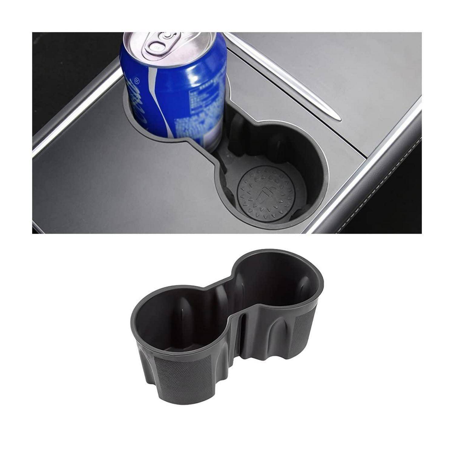 Autogetränkehalter-Einsatz, der eine Dose in einer Mittelkonsole hält, mit dem unten gezeigten abnehmbaren Doppelbecher-Adapter.