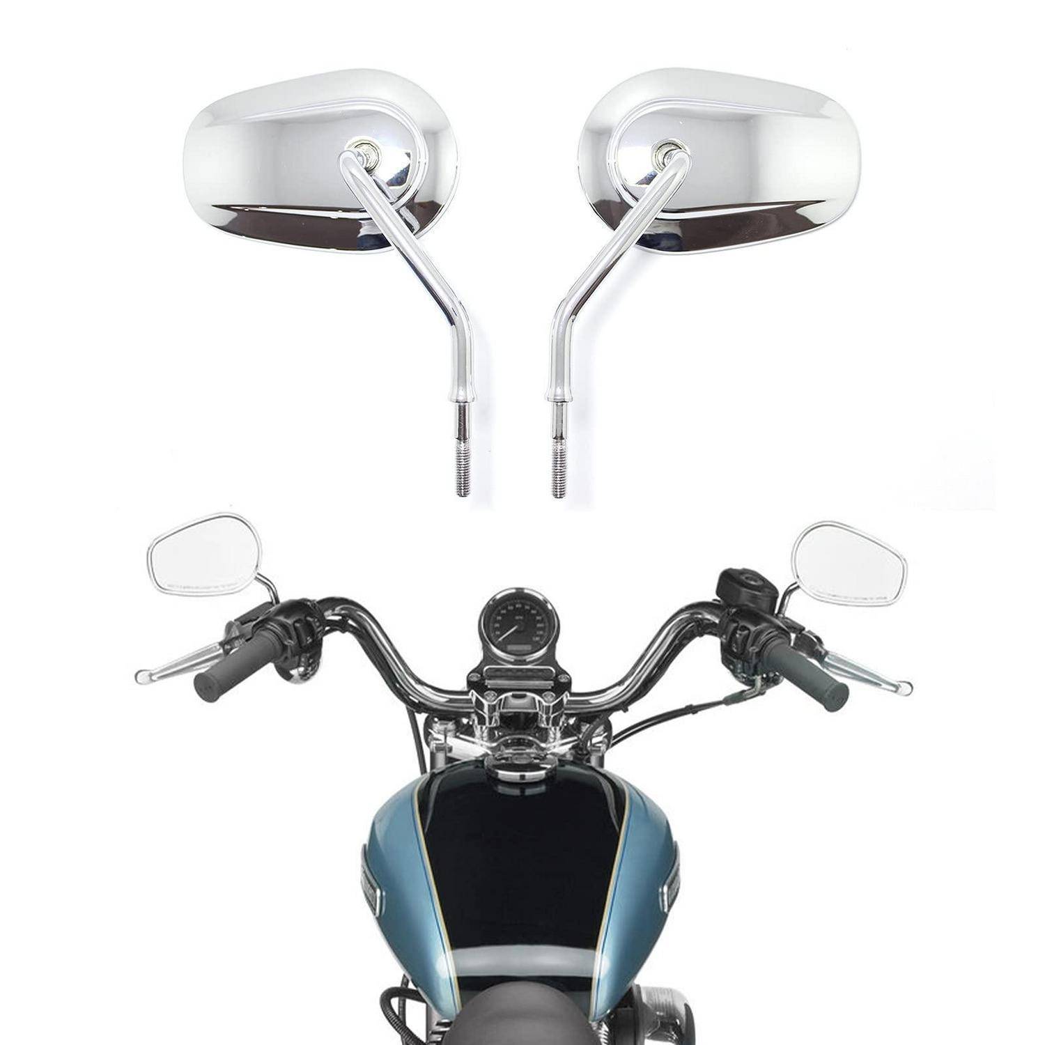 Verchromte Motorradmirror über einem Motorradlenker mit Lenkrad, Instrumenten und einem Kraftstofftank, auf weißem Hintergrund dargestellt.