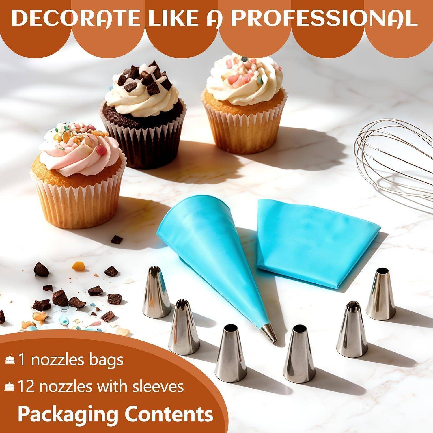 Cupcake-Dekorationset mit drei glasierten Cupcakes, zwei blauen Spritzbeuteln, sechs Metallspitzenaufsätzen und Text mit der Auflistung „1 Düsen-Beutel