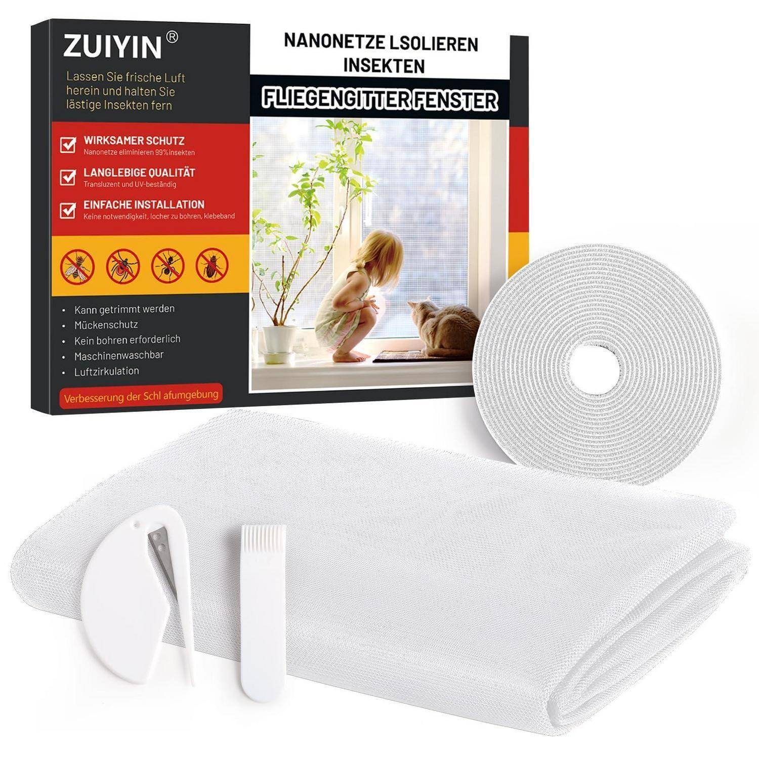 Paket für ZUYIN Insektenschutzgitter Fenstergitter, zeigt eine Rolle aus weißem Gitter, Werkzeuge und ein installiertes Fensterbild mit Kind und Haustier im Innenraum.